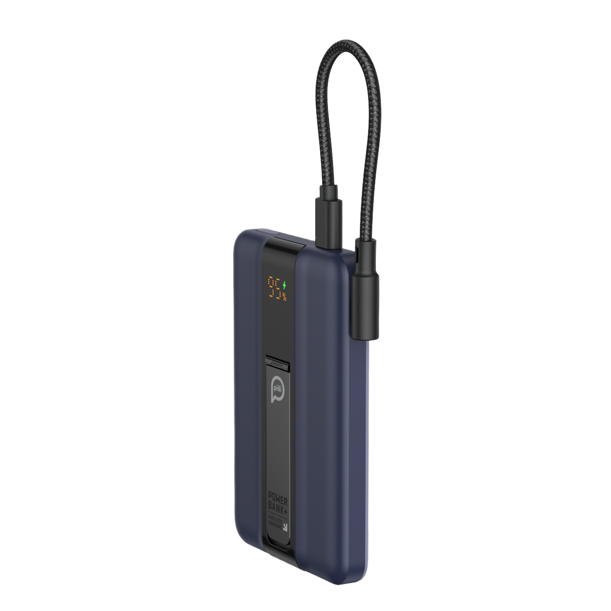 Esnek kablolu, %95 şarj gösteren lacivert powerbank.