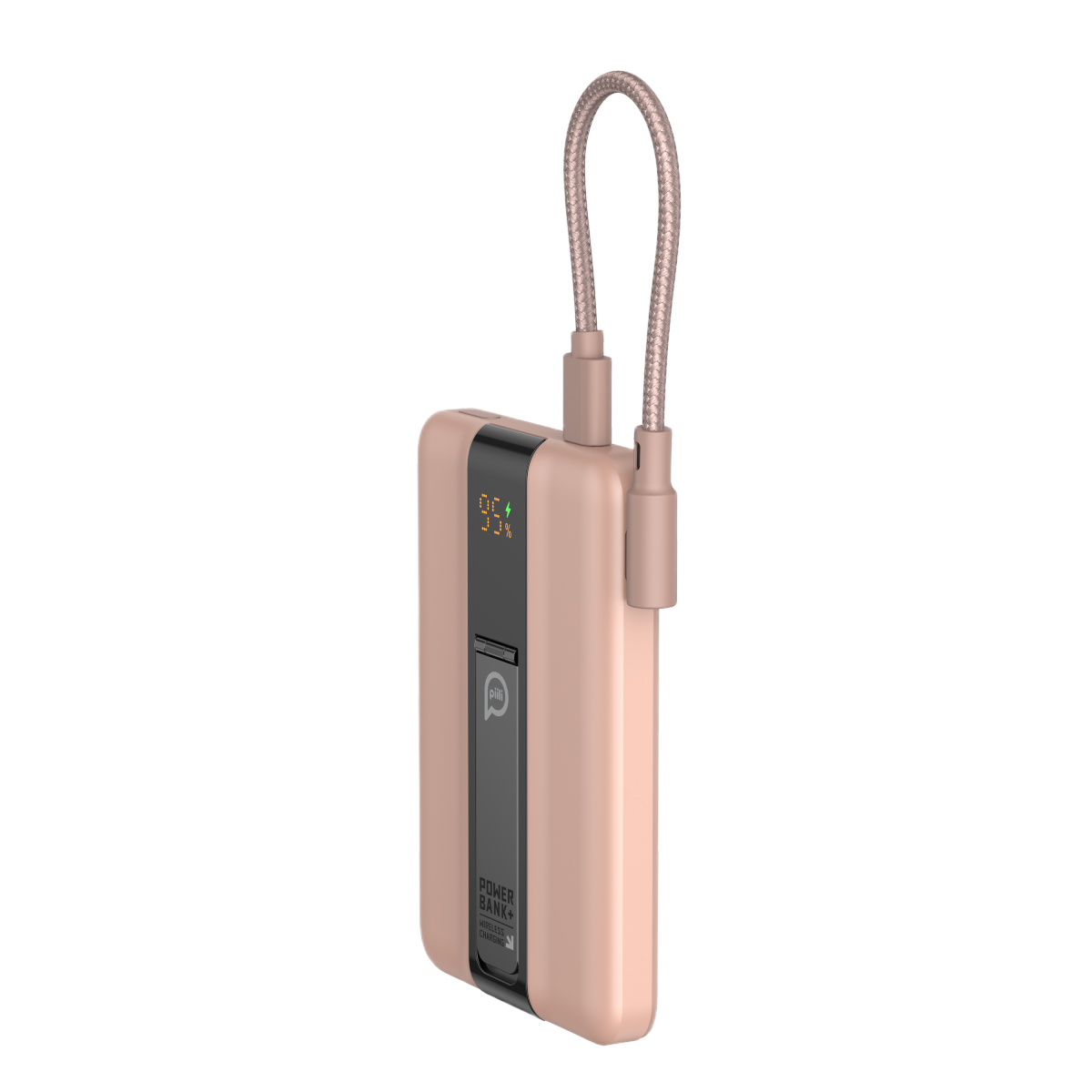 Bağlı şarj kablosu olan, %95 şarj gösteren pembe bir powerbank.