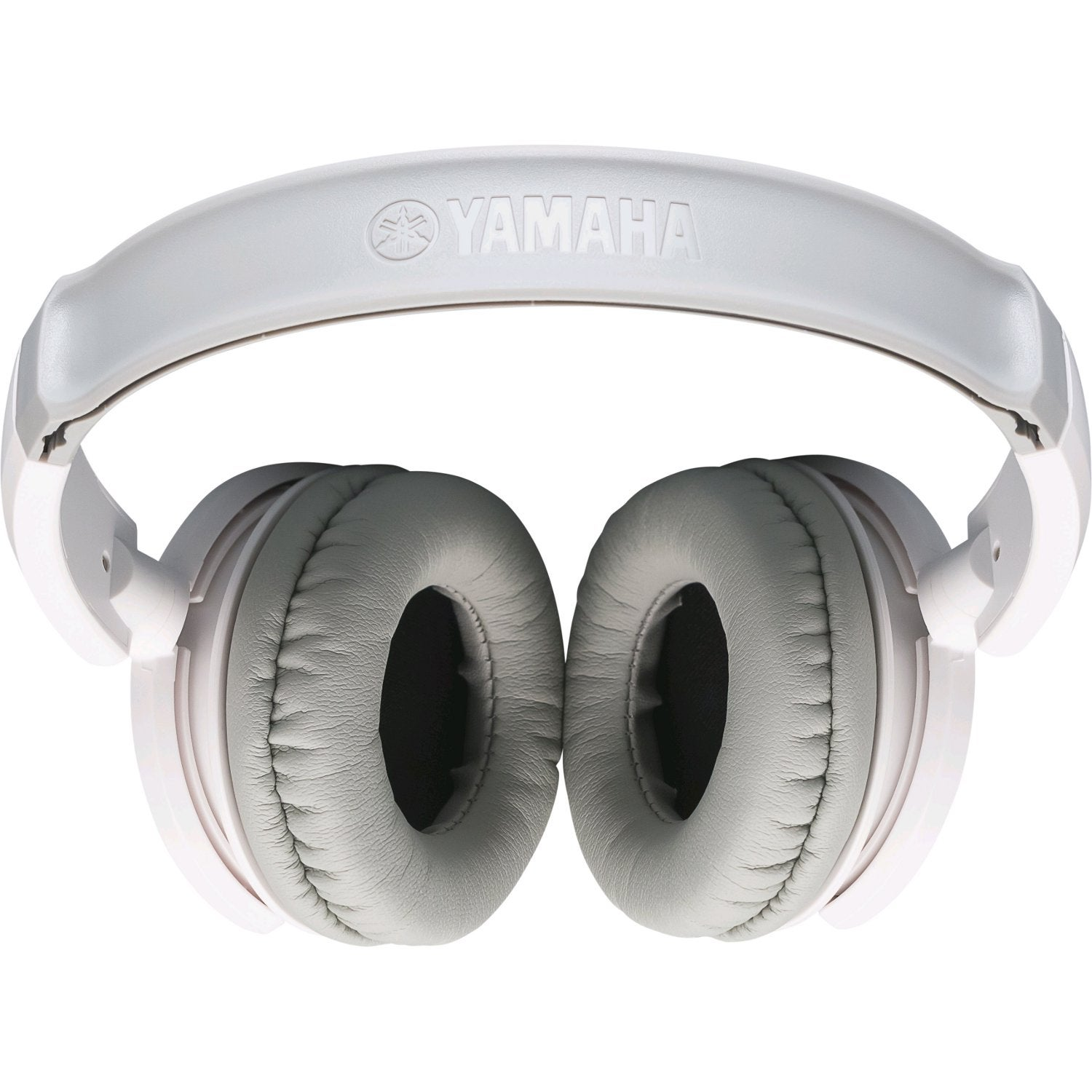 Casque Yamaha blanc avec coussinets d'oreille gris, sur fond blanc.