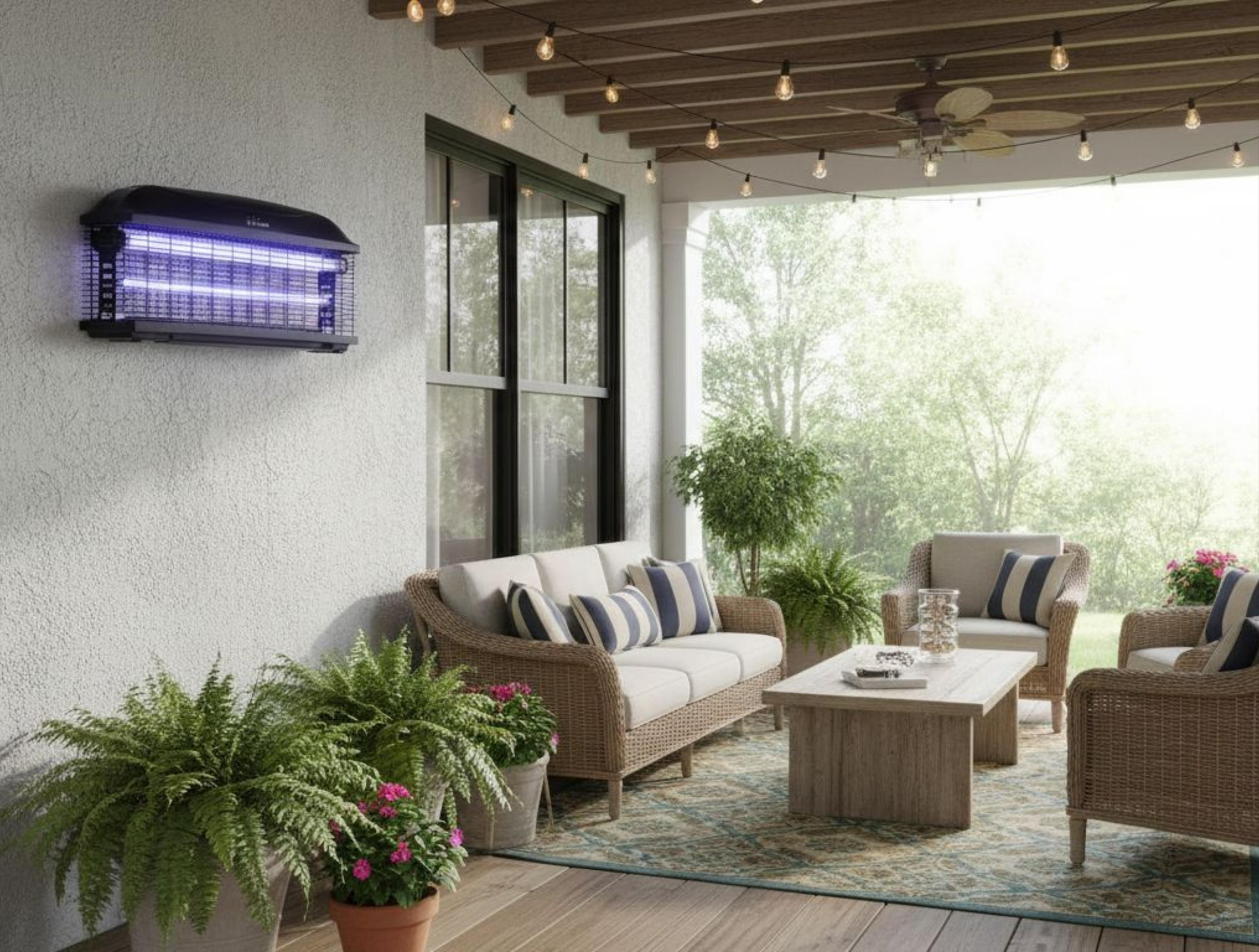 Un área de patio con muebles de mimbre, plantas y un matamoscas de pared.