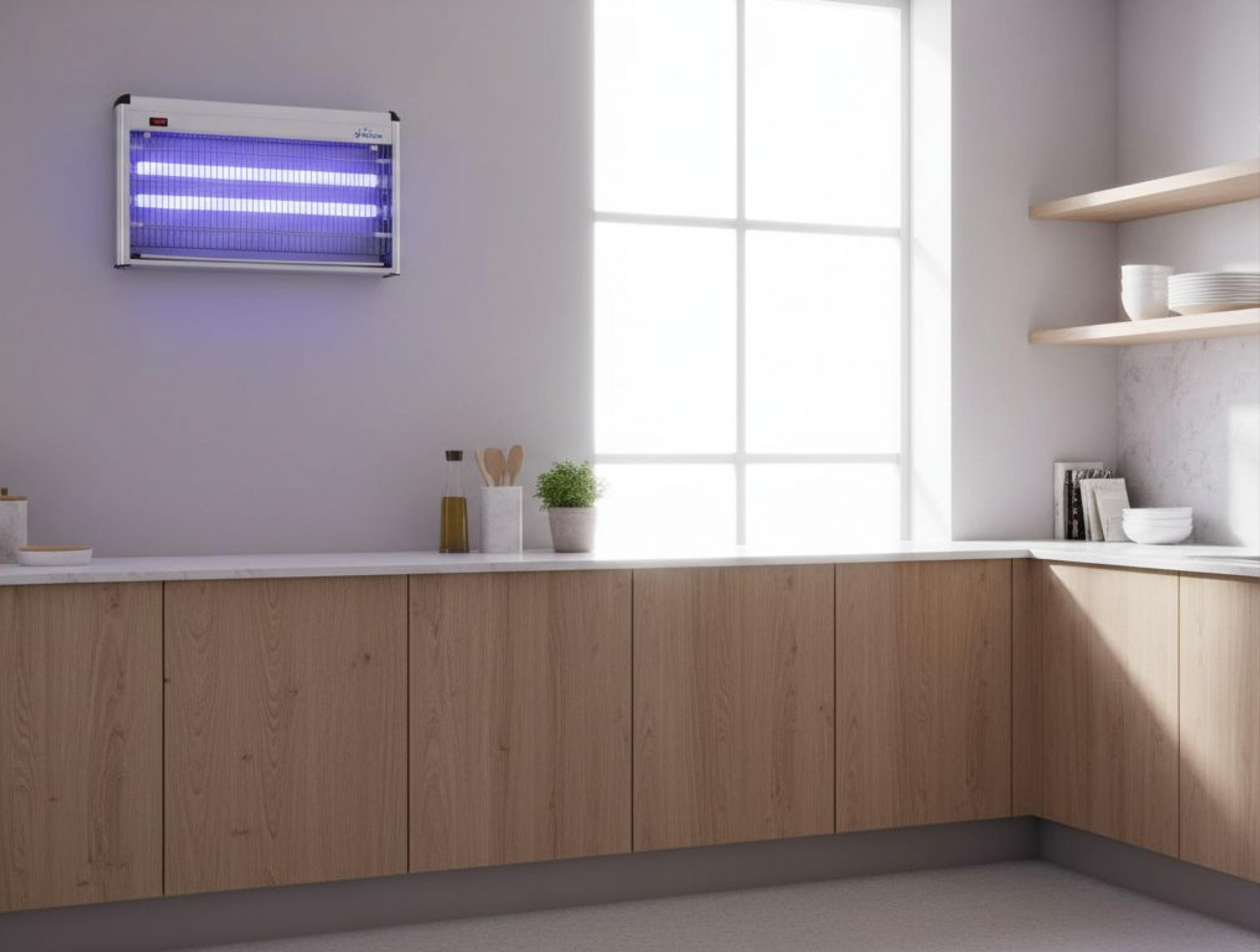 Un insecticida con luces azules cuelga en la pared sobre una encimera de cocina.
