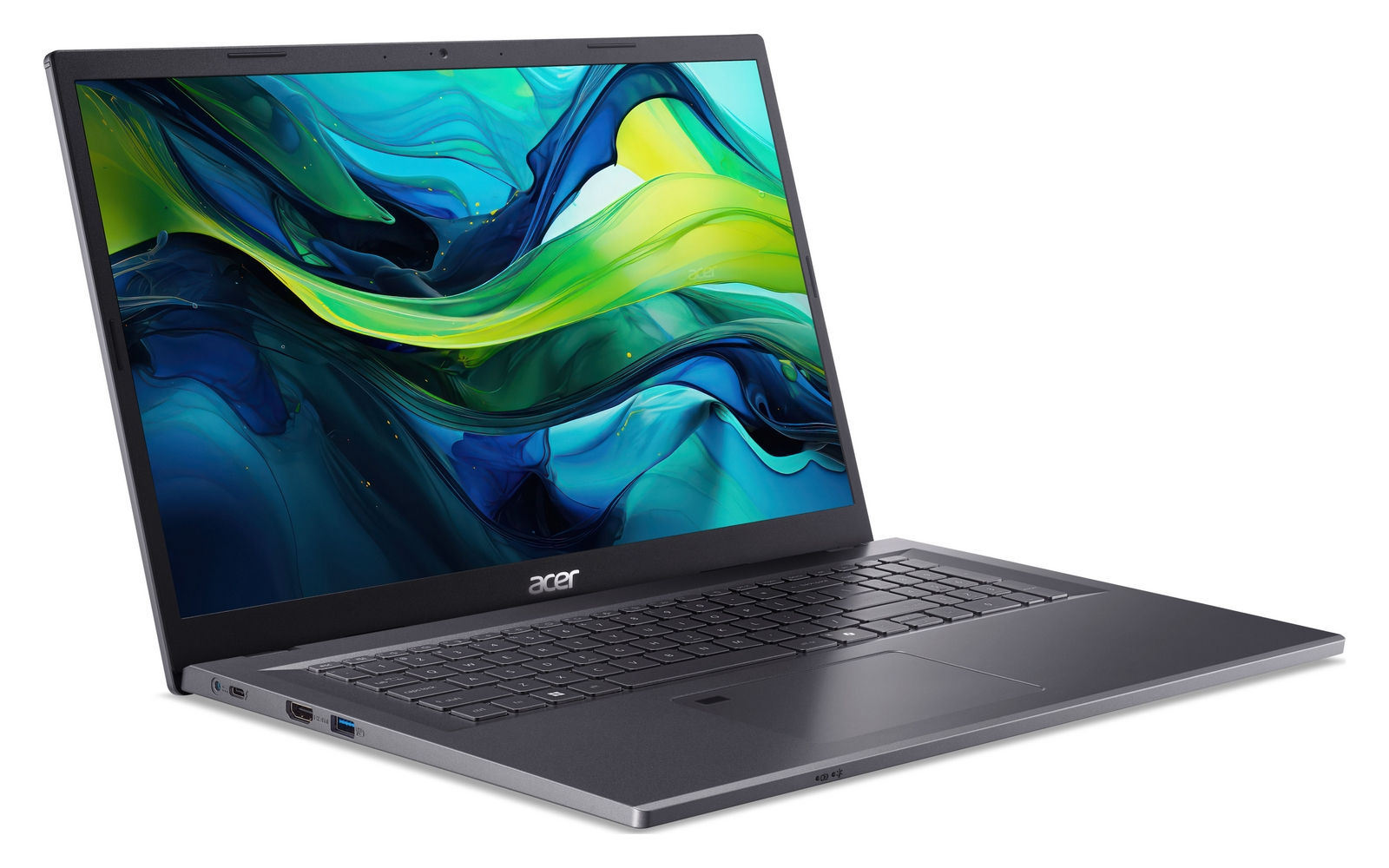 Un laptop grigio aperto che mostra uno sfondo astratto e colorato.