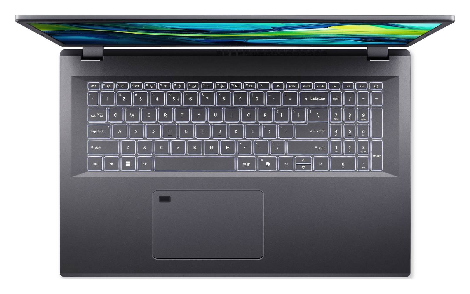 Un laptop aperto con tastiera retroilluminata e schermo colorato.