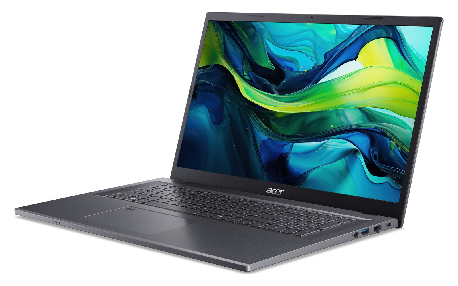 Un laptop Acer grigio con uno sfondo astratto e colorato sullo schermo.