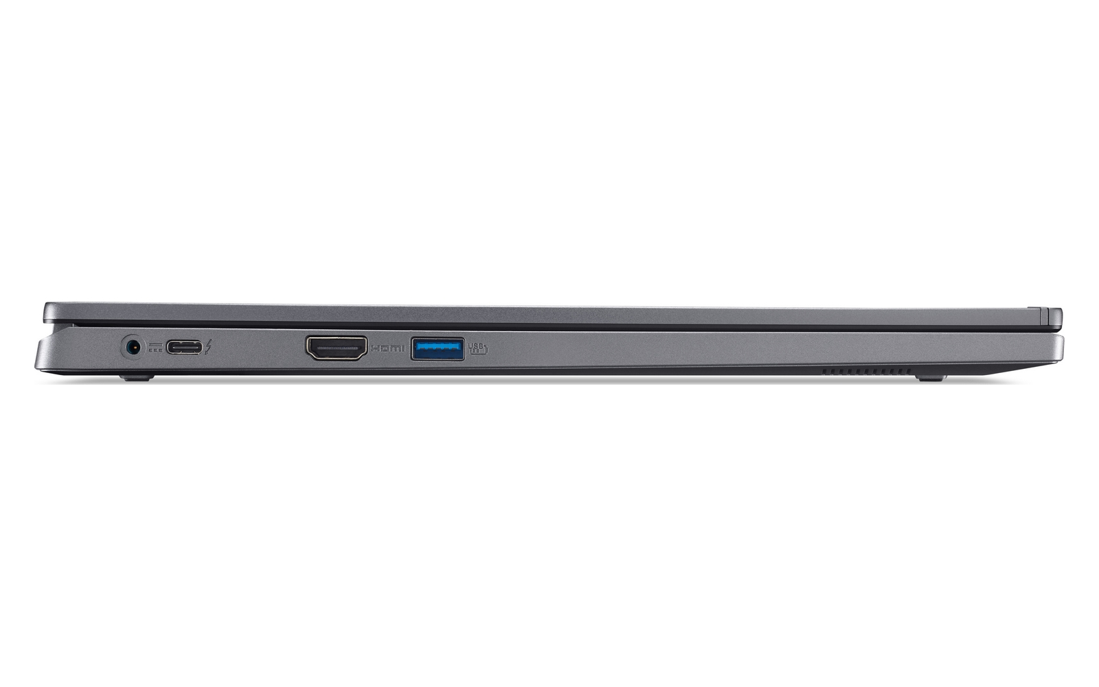 Laptop grigio che mostra porte USB-C, HDMI e USB-A.
