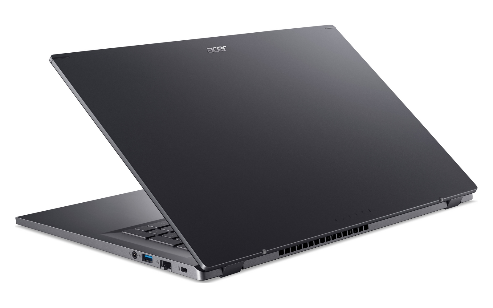 Un laptop Acer scuro con tastiera e porte, su sfondo bianco.