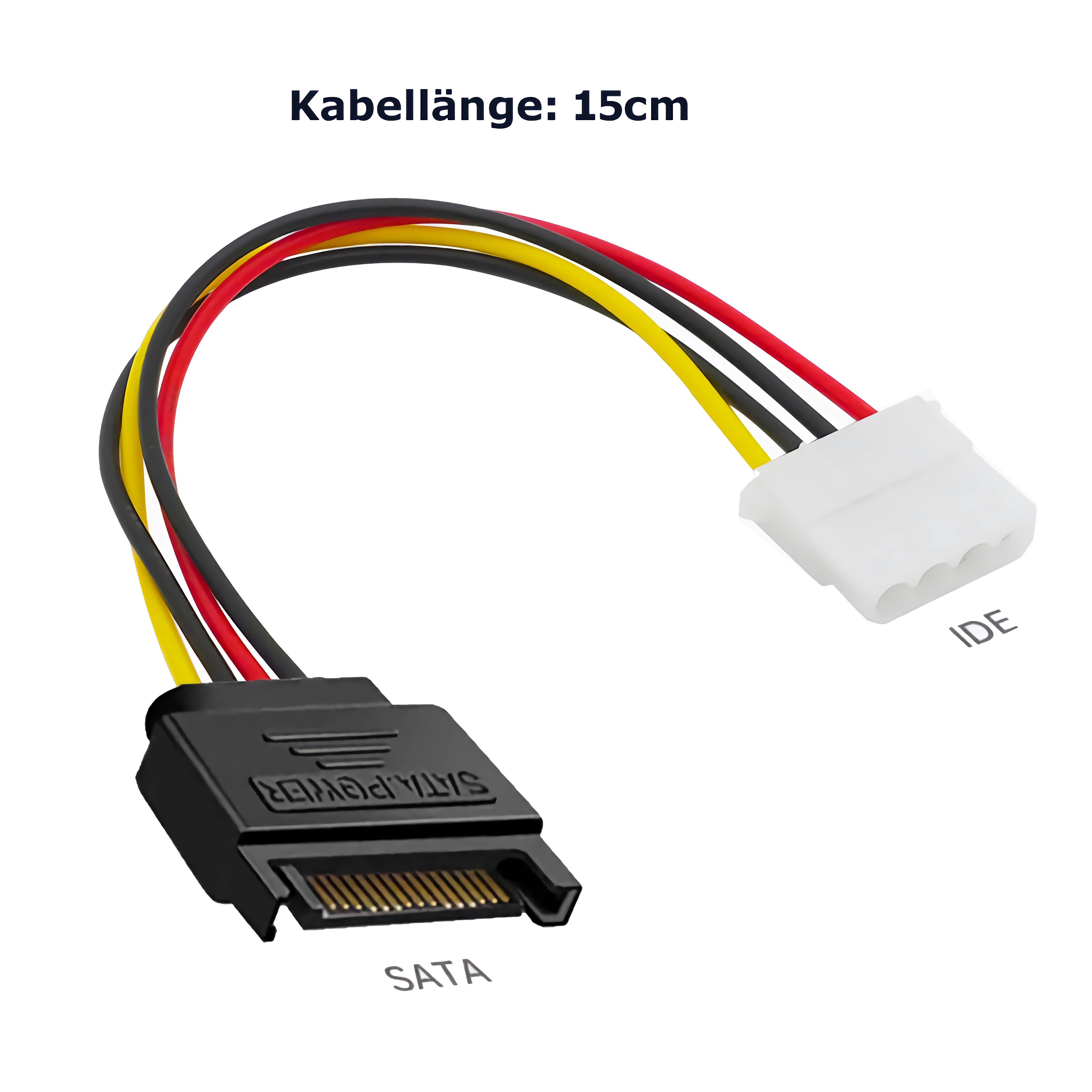 Ein SATA-zu-IDE-Stromadapterkabel mit roten, gelben und schwarzen Drähten.