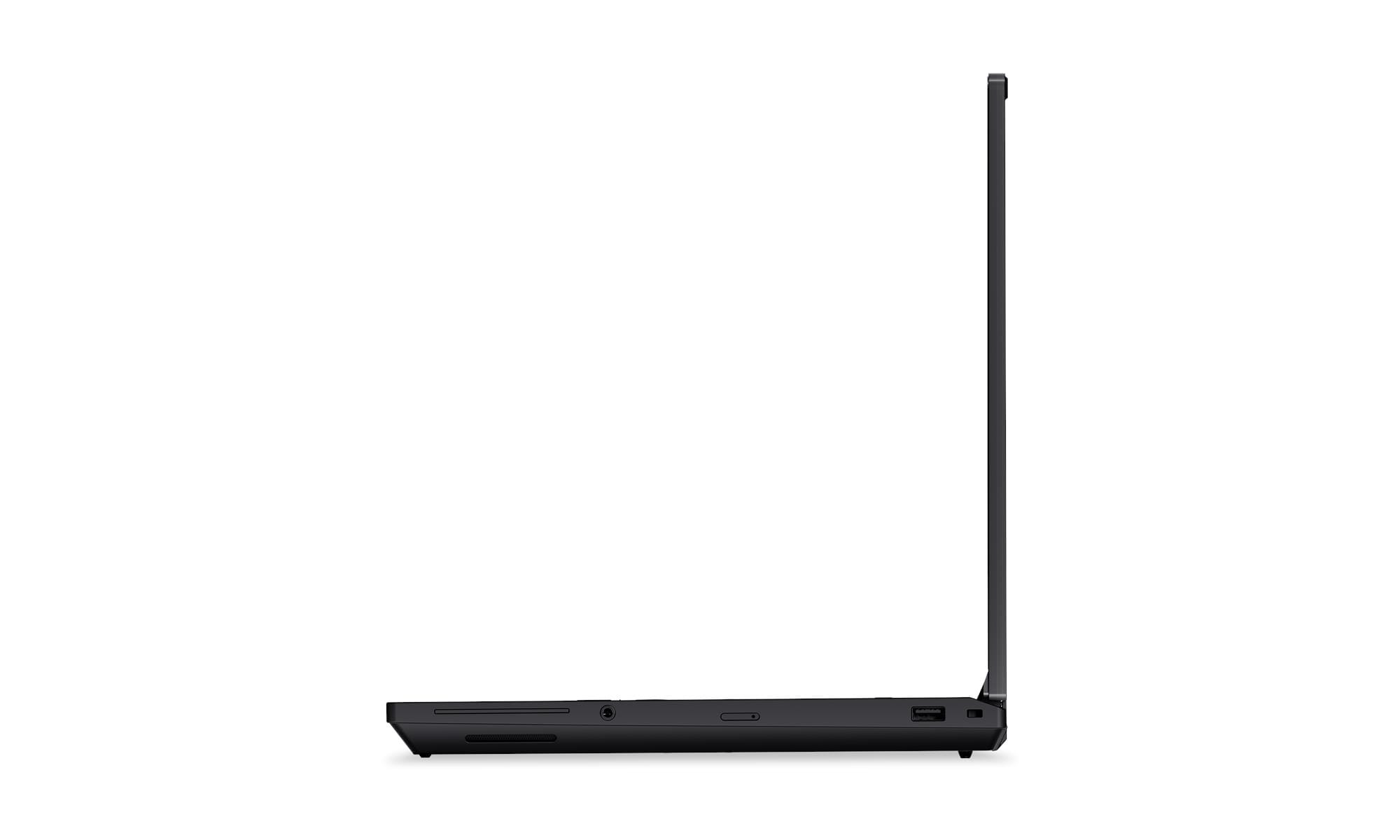 Laptop nero di profilo su sfondo bianco, con porte visibili sul lato.