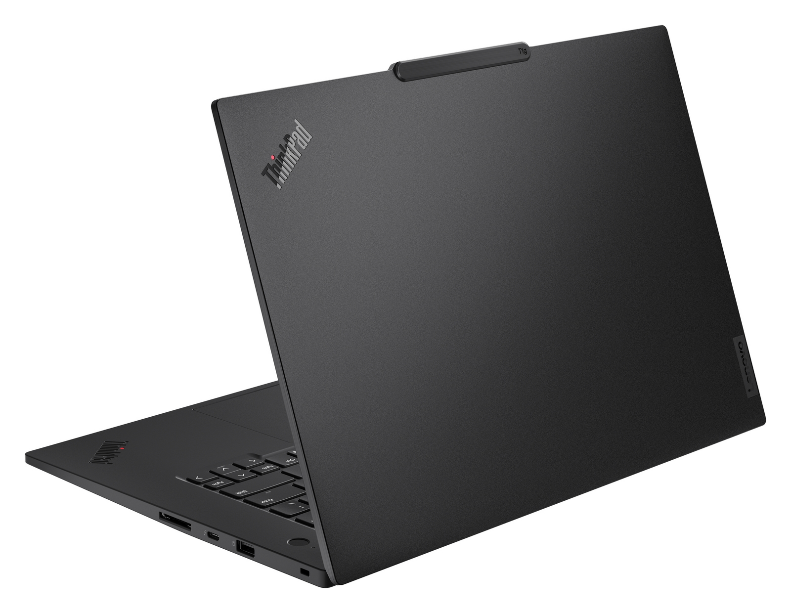 Laptop nero con logo ThinkPad e bordo superiore sottile.