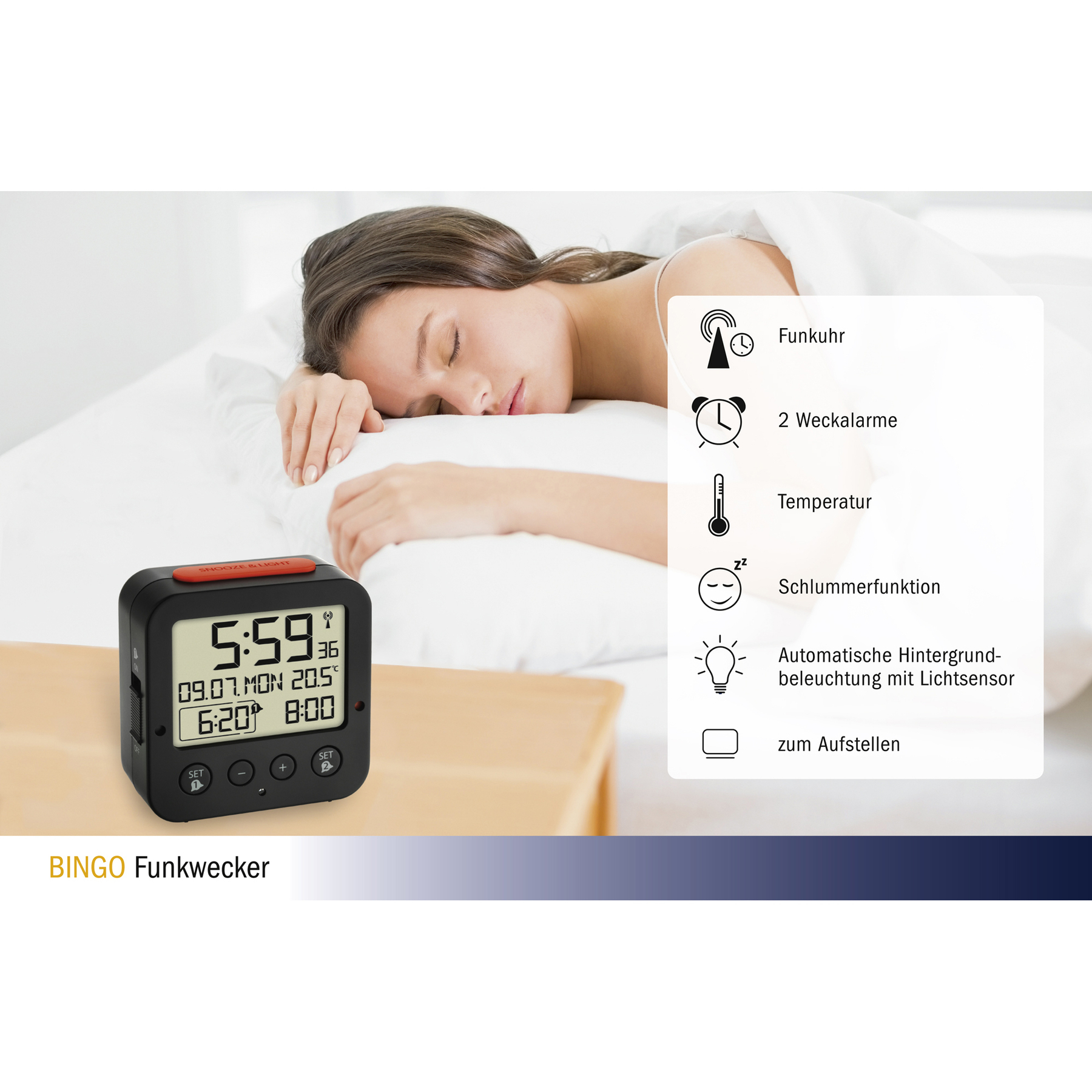Ein Frau schläft, ein Wecker zeigt 5:59 und 20.5°C an.
