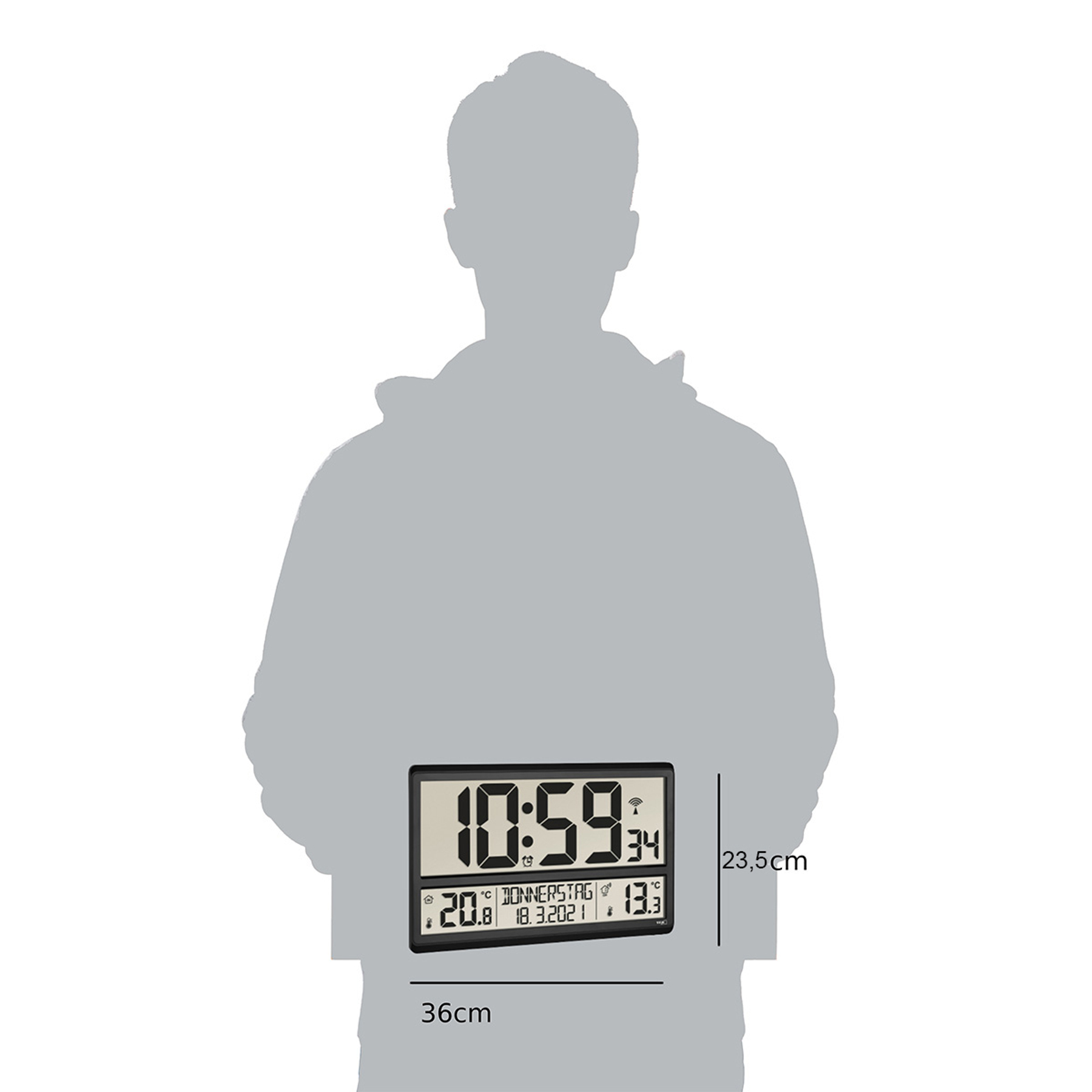 Digitale Wanduhr zeigt 10:59, Datum, Temperatur 20.8°C und 13.3°C.