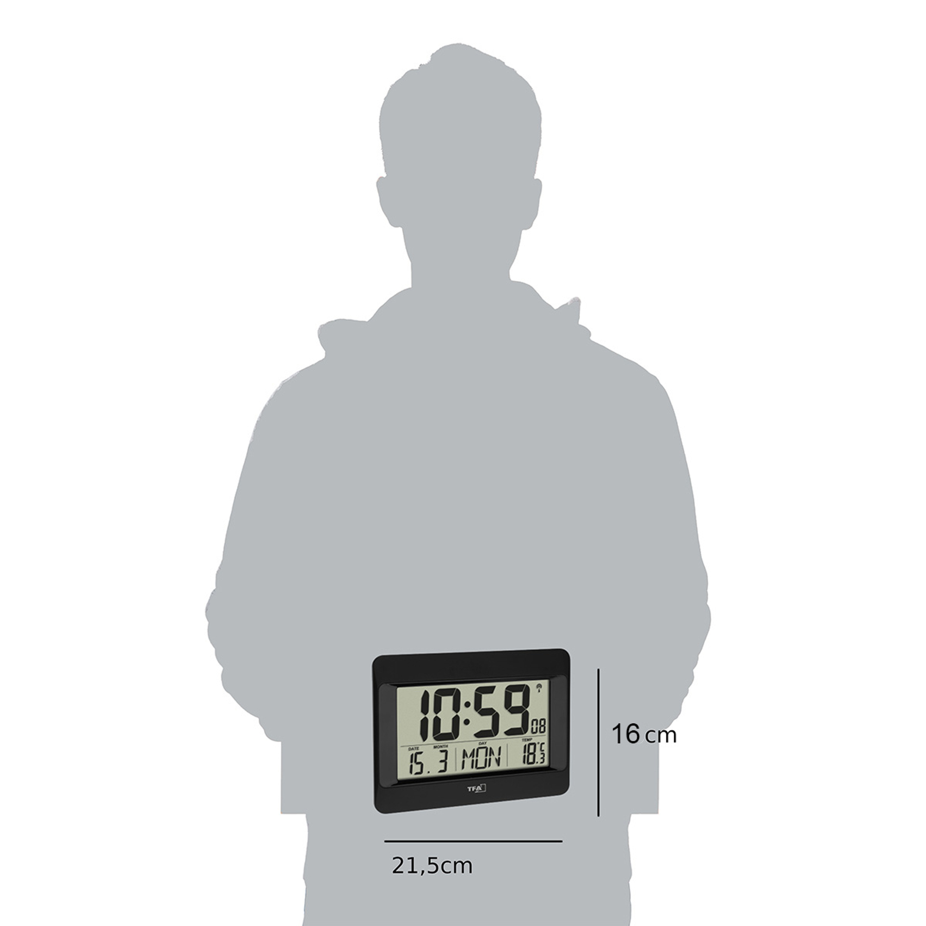 Ein schwarzer Digitalwecker zeigt 10:59 Uhr, Datum 15.3, Tag Montag und 18,3°C.