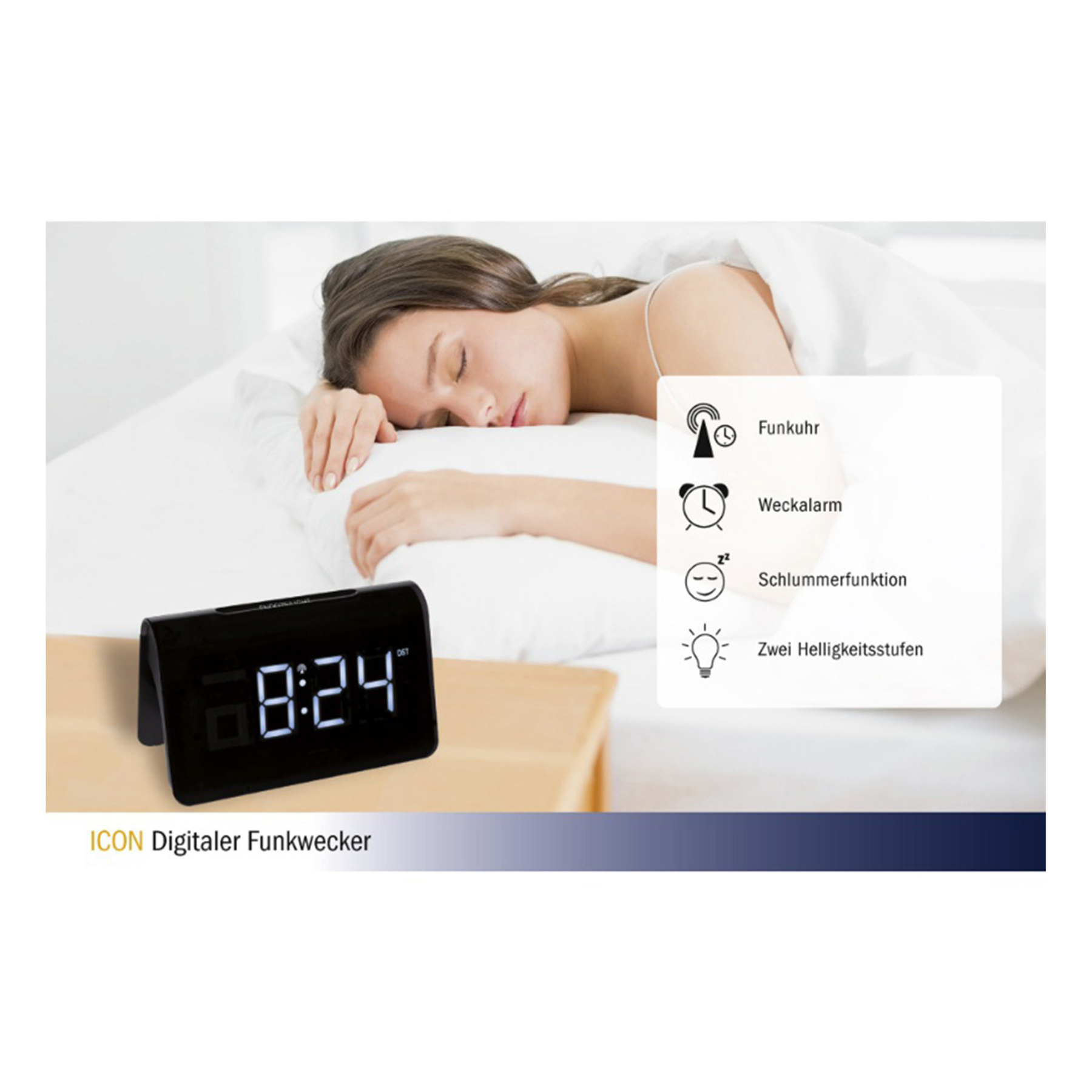 Eine Frau schläft im Bett neben einem digitalen Wecker mit der Zeit 8:24.