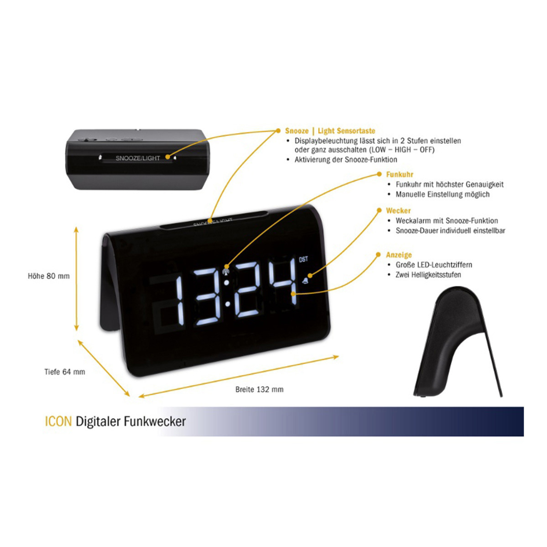 Digitaler Funkwecker mit 13:24 Anzeige, Snooze/Light-Taste, Höhe 80mm.