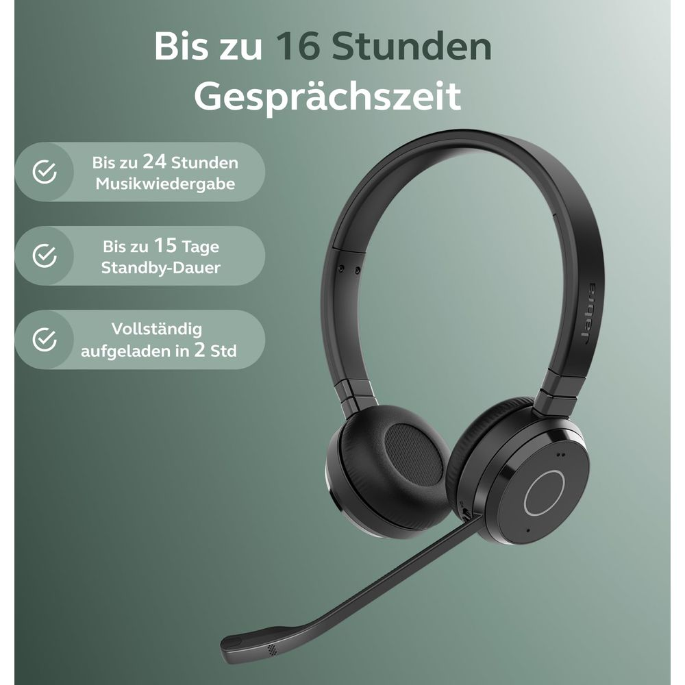 Czarny zestaw słuchawkowy Jabra z mikrofonem, do 16h rozmowy.