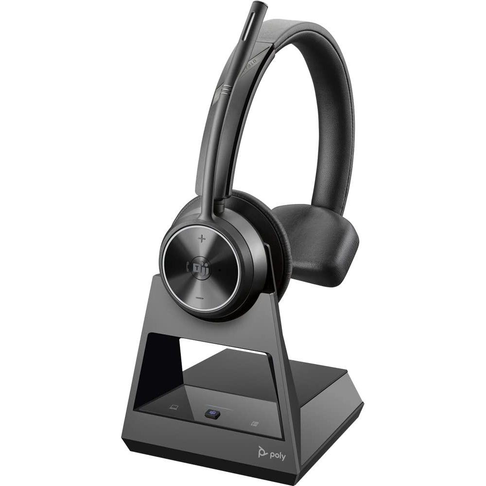 Cuffie Poly Voyager 4320 nere con microfono su base di ricarica.