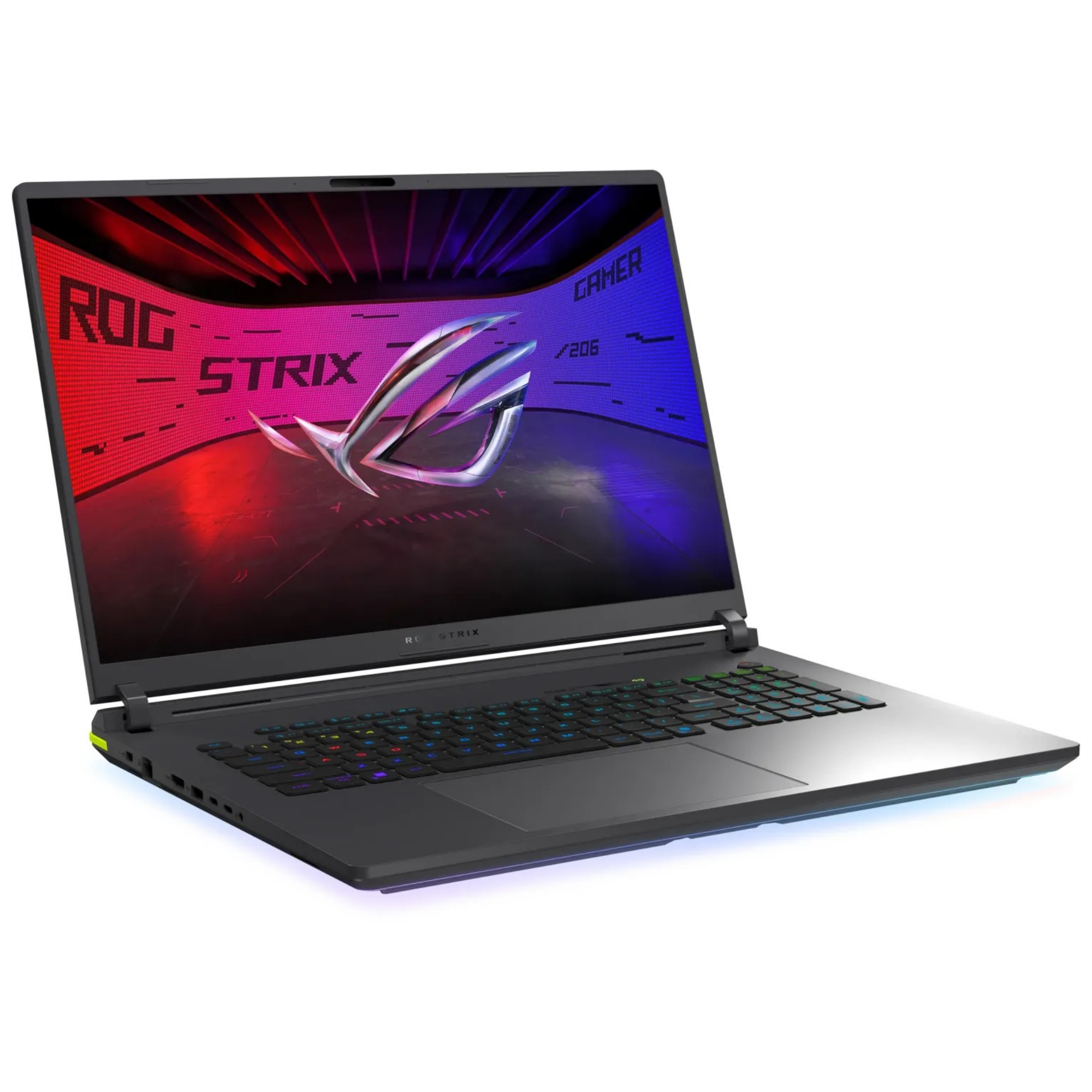 Czarny laptop z podświetlaną klawiaturą i logo ROG Strix na ekranie.