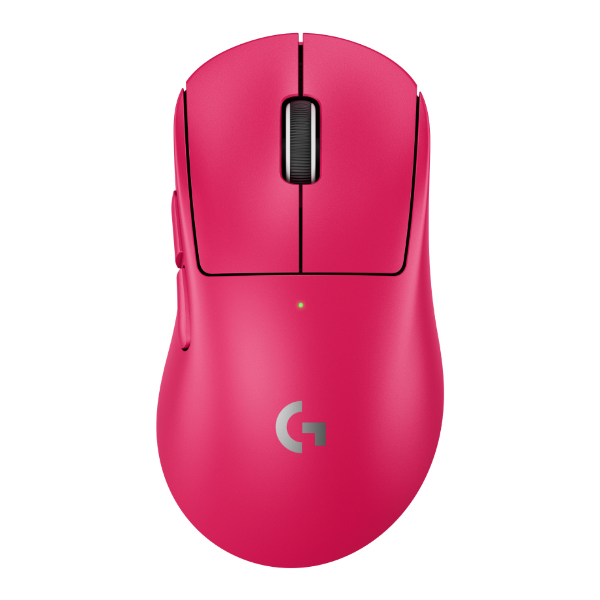 Różowa bezprzewodowa mysz gamingowa ze srebrnym logo G i kółkiem.
