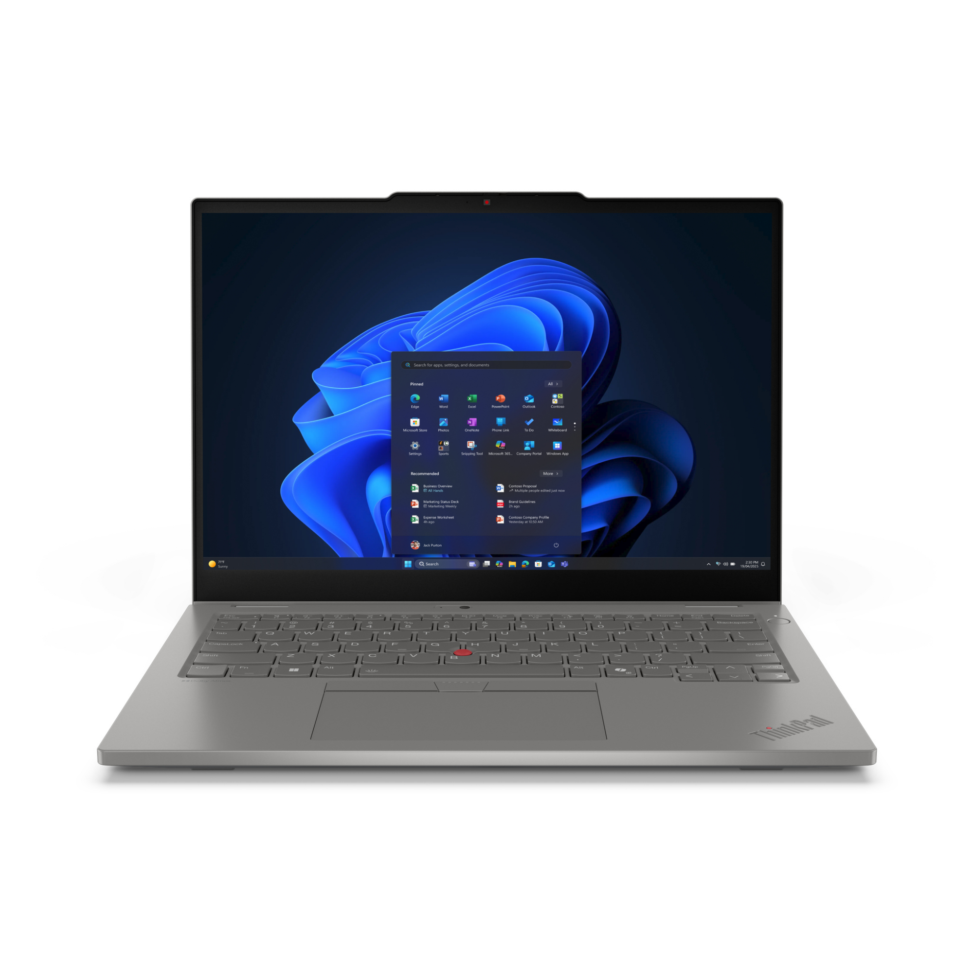 Ein silberner Laptop mit Windows 11-Startmenü und blauer Wellen-Hintergrundgrafik.