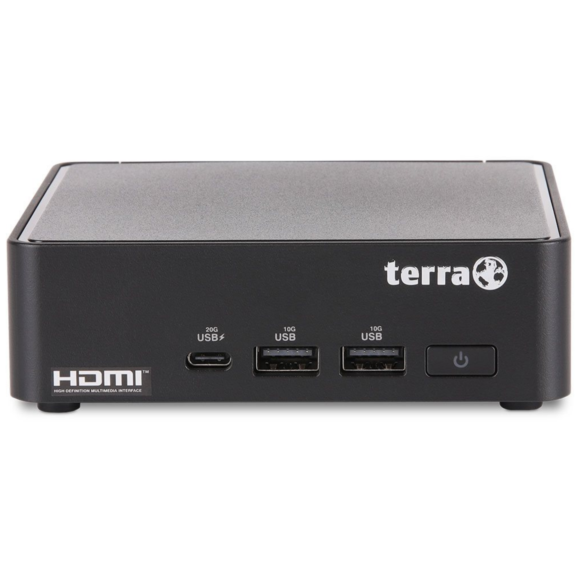 Czarne urządzenie Terra z HDMI, portem USB 20G, dwoma portami USB 10G i przyciskiem zasilania.