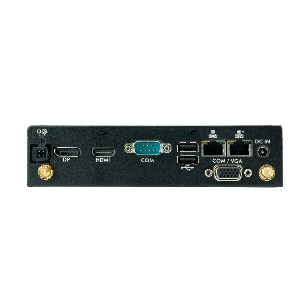 Retro di un computer nero con porte: DP, HDMI, COM, USB, LAN, VGA e DC IN.