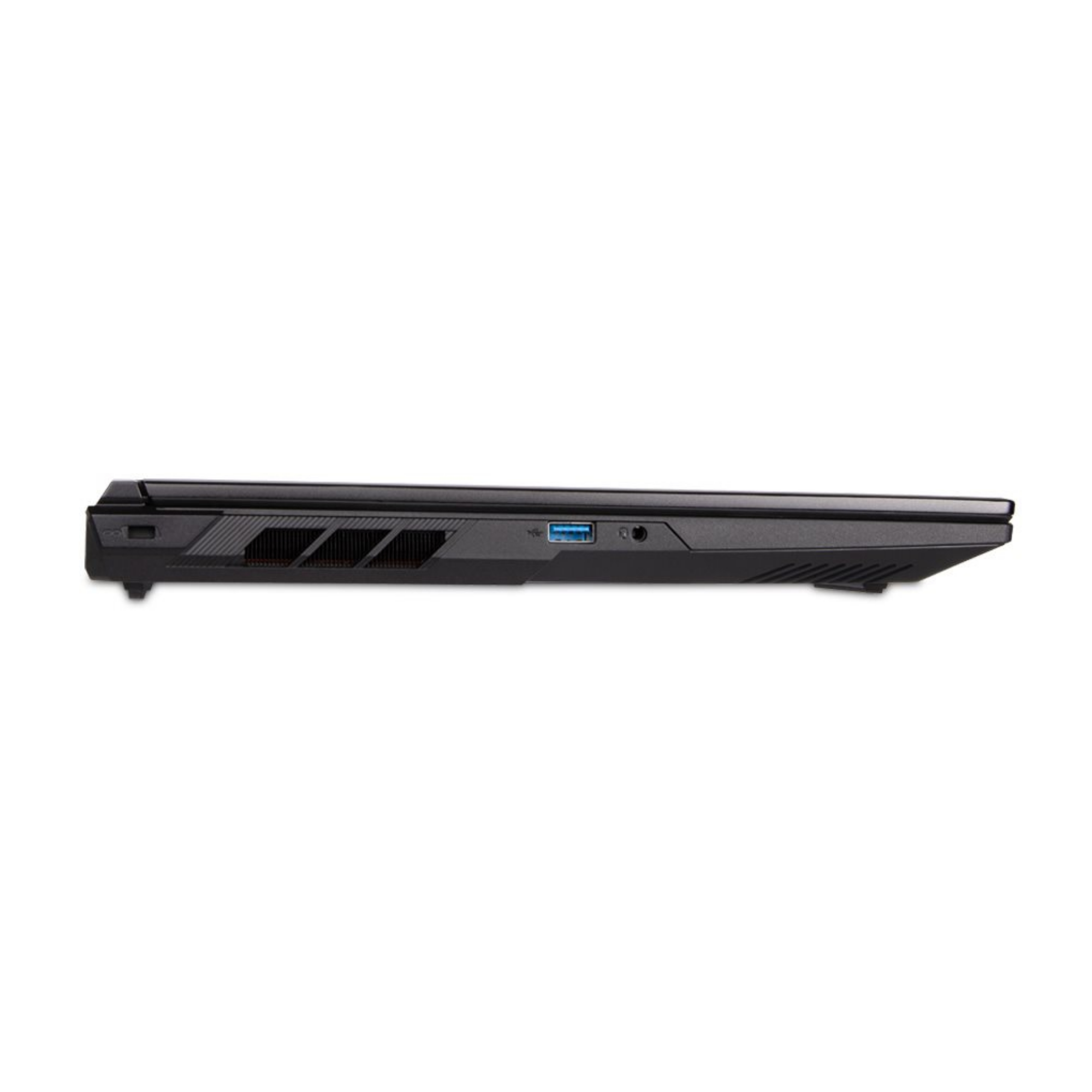 Schwarzer Laptop-Seite mit USB-Anschluss und Lüftungsschlitzen.