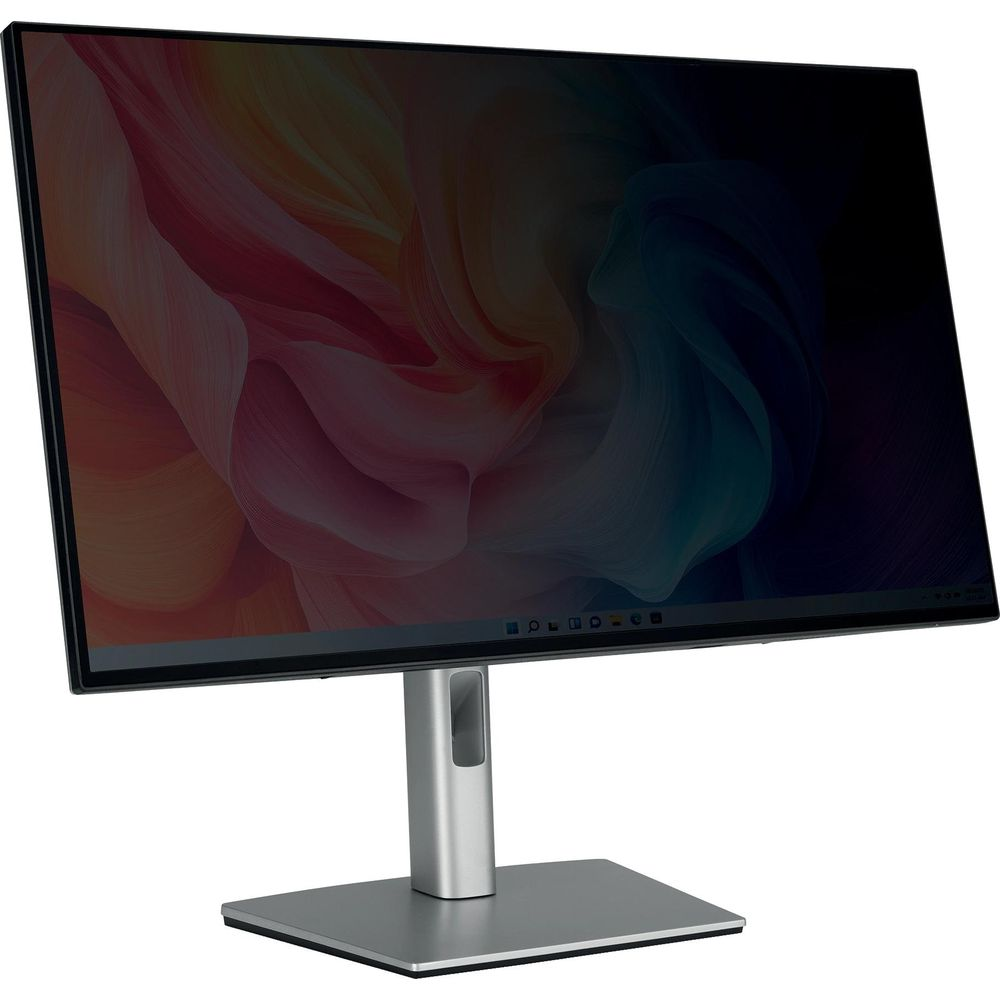 Monitor moderno con sfondo colorato astratto e supporto argentato.