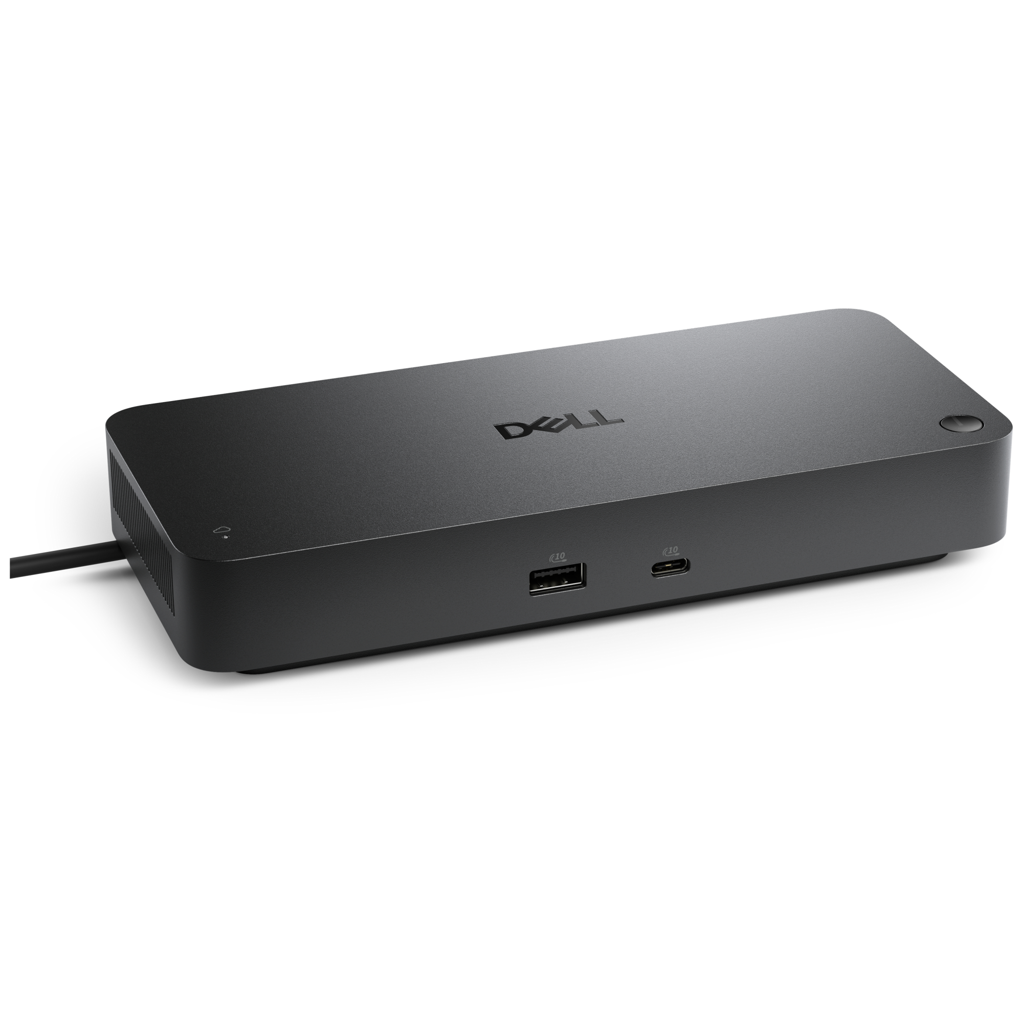 Docking station Dell nera con porte USB-C e USB-A, su sfondo bianco.