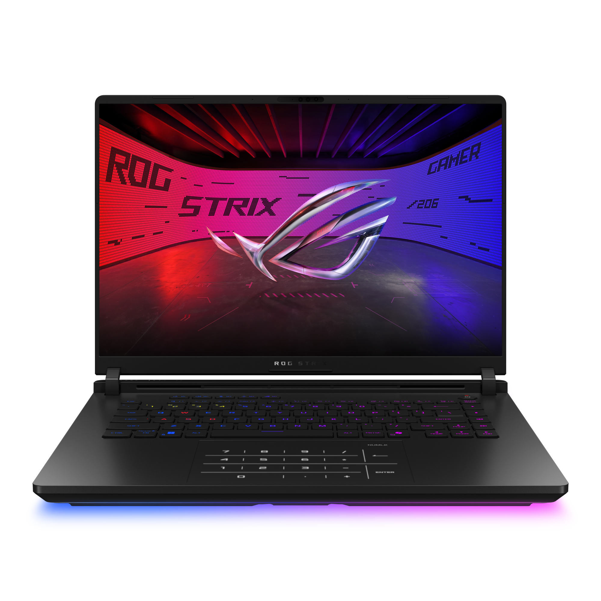 Otwarty czarny laptop z podświetleniem RGB. Logo ROG Strix na ekranie.