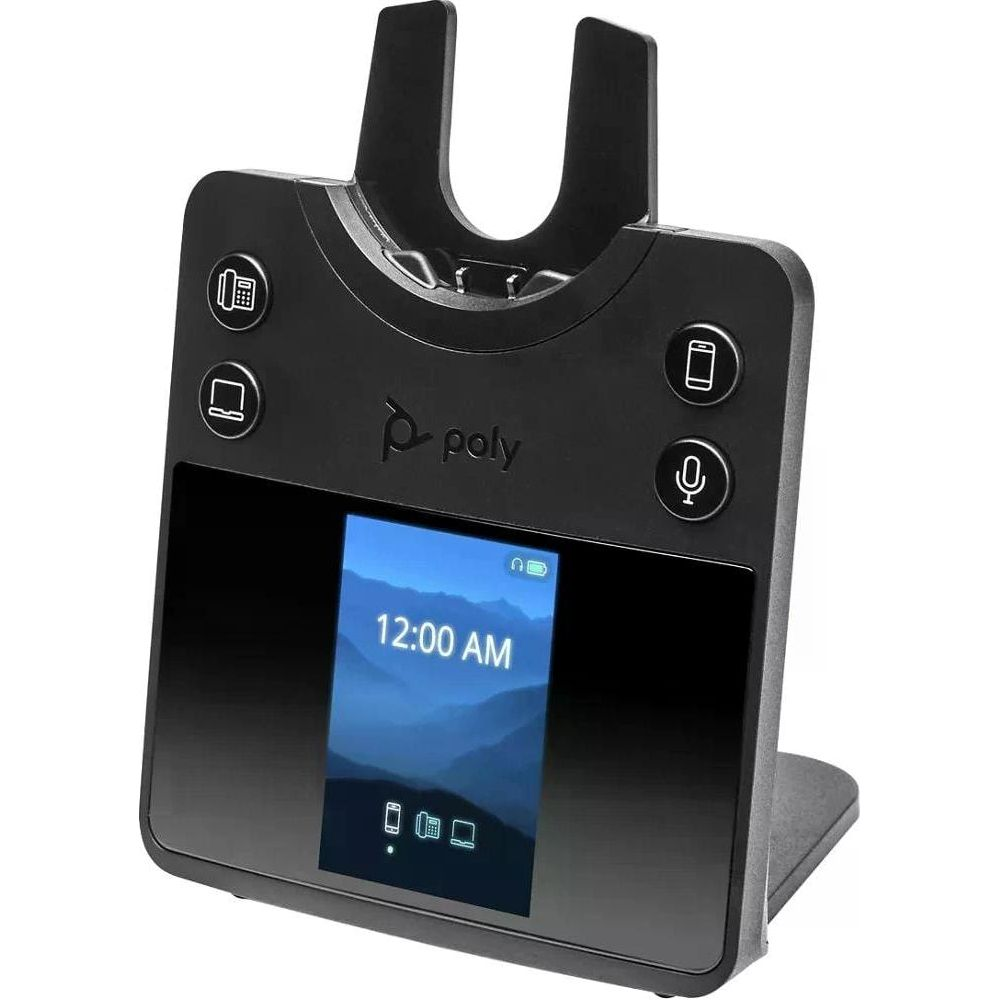 Telefono da scrivania Poly nero con schermo che mostra le 12:00 AM e paesaggio montano.