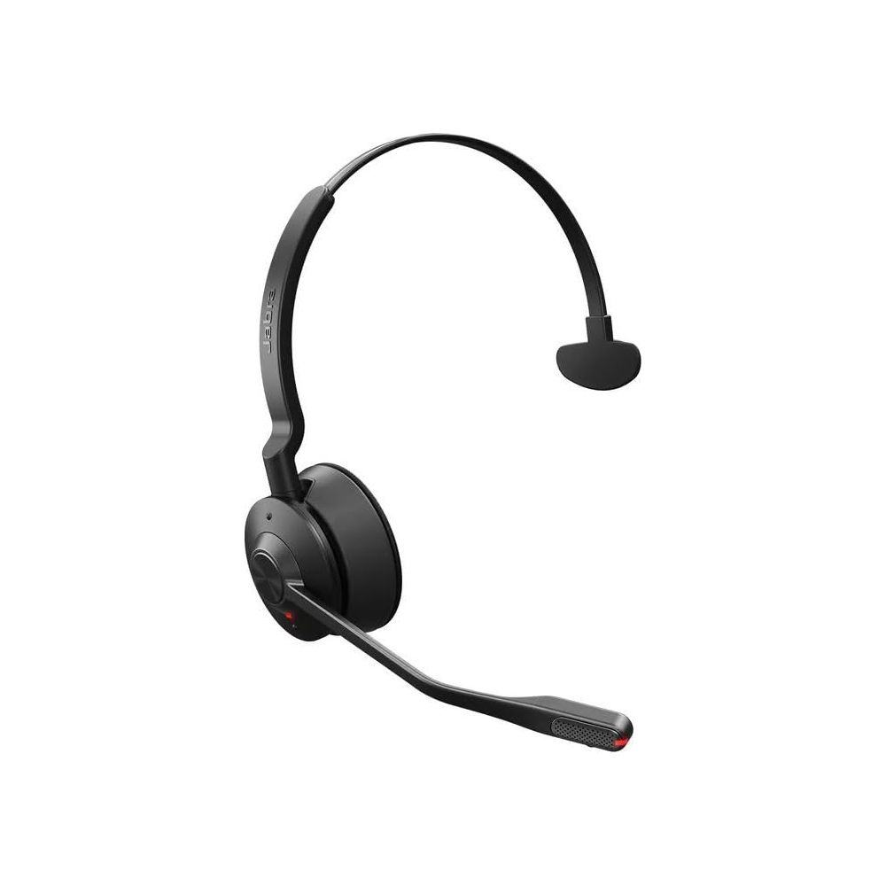 Czarny zestaw słuchawkowy Jabra z mikrofonem i pałąkiem na białym tle.
