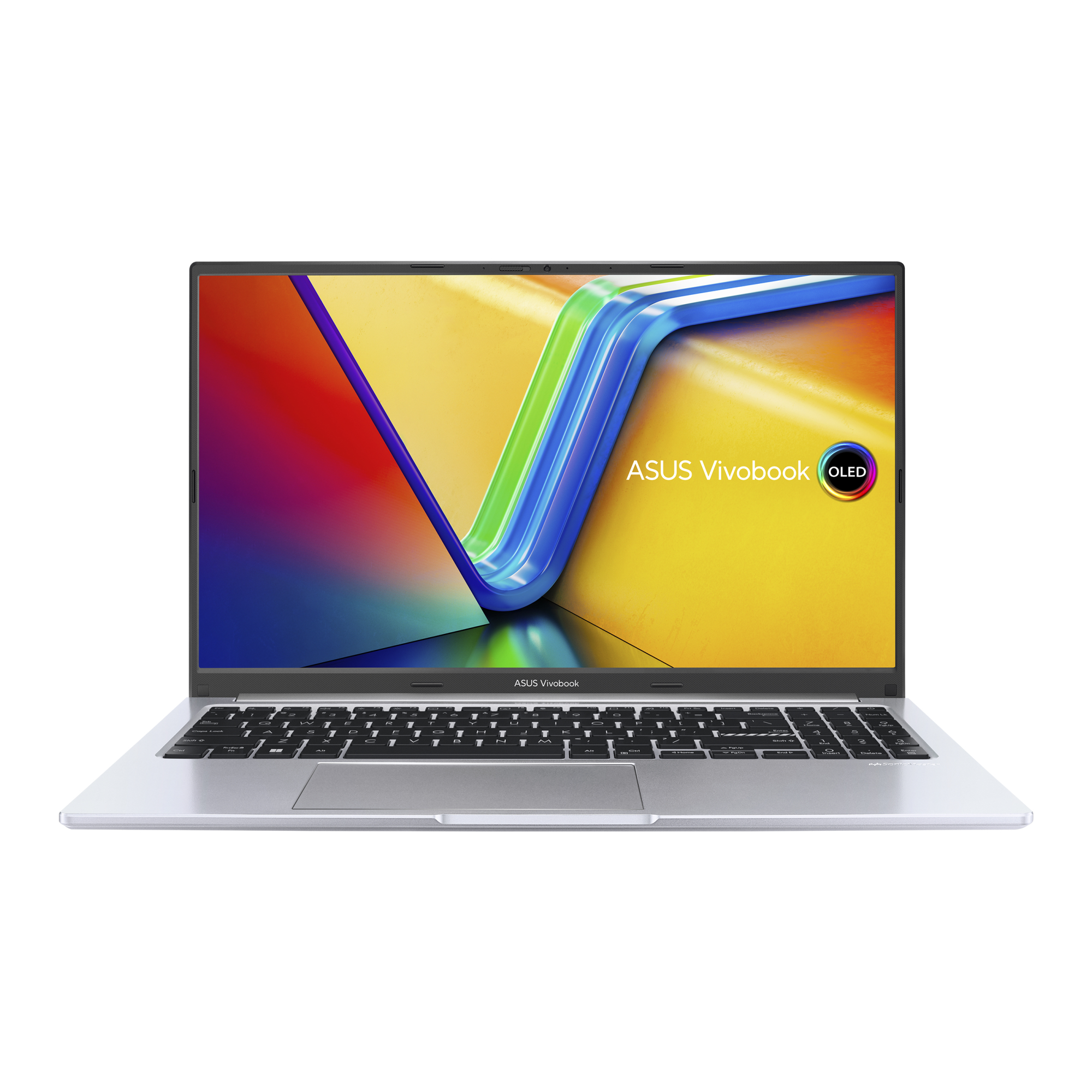 Ein silberner Asus Vivobook Laptop mit OLED-Display und farbenfrohem Hintergrund.