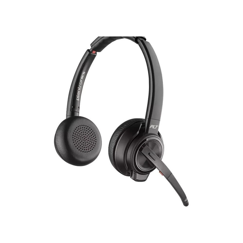 Schwarzes Plantronics-Headset mit Mikrofon. Weißer Hintergrund.