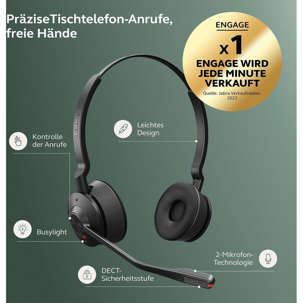 Zestaw słuchawkowy Jabra z mikrofonem, wskaźnikiem zajętości, poziomem bezpieczeństwa DECT i technologią 2 mikrofonów.