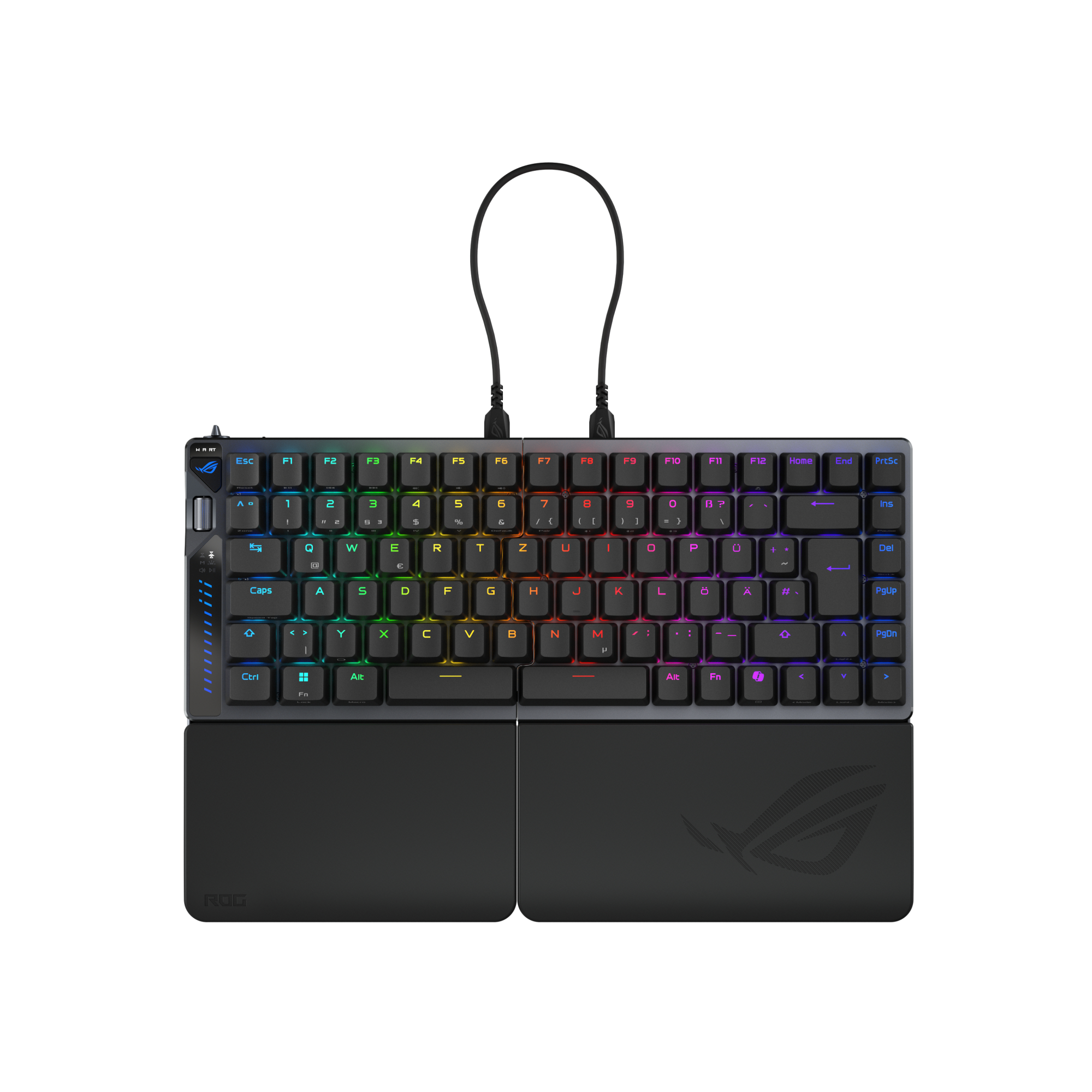 Una tastiera gaming nera con illuminazione RGB e poggiapolsi rimovibile.