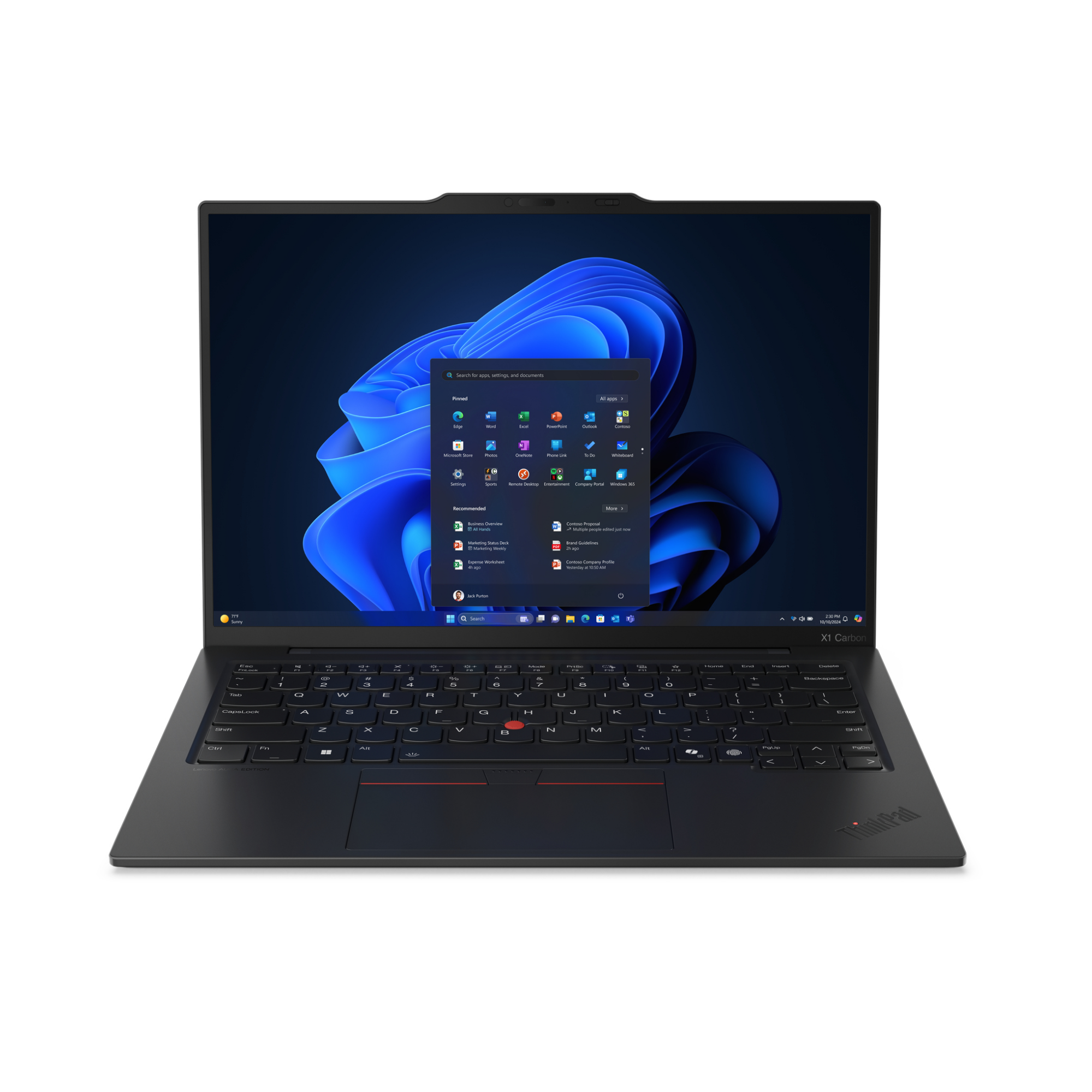 Czarny laptop z menu Start systemu Windows i niebieską grafiką tła.