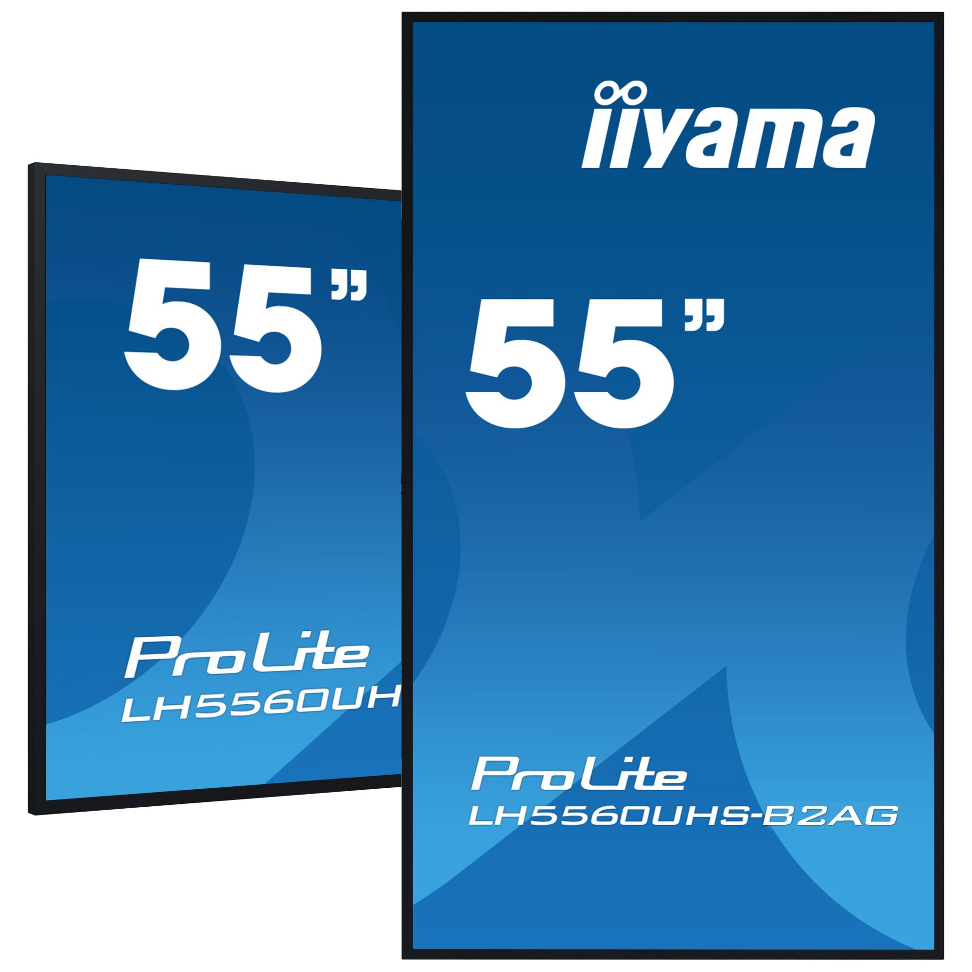 Dwa 55-calowe monitory iiyama z logo ProLite na niebieskim tle.