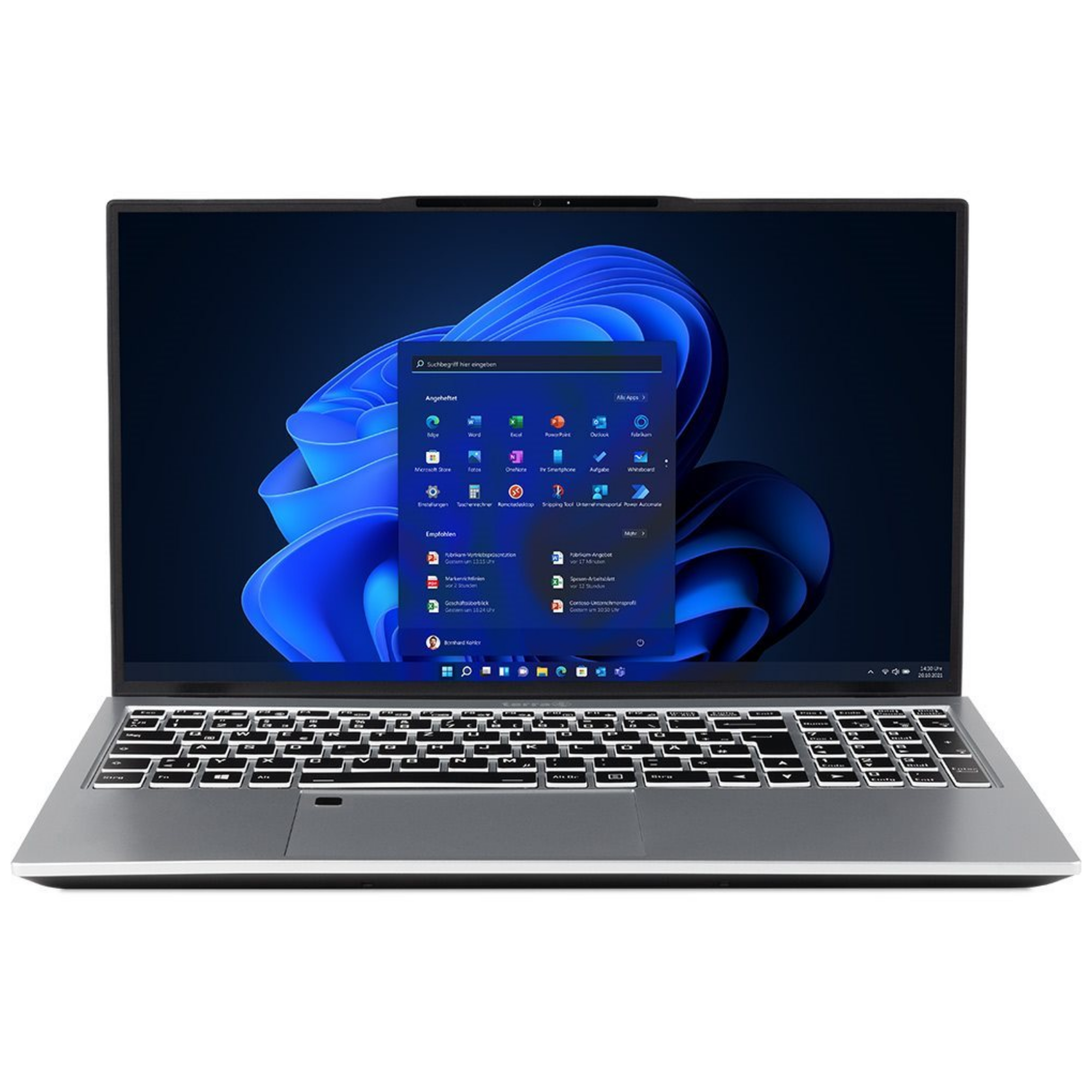 Srebrny laptop z menu startowym systemu Windows 11 i niebieską grafiką w tle.