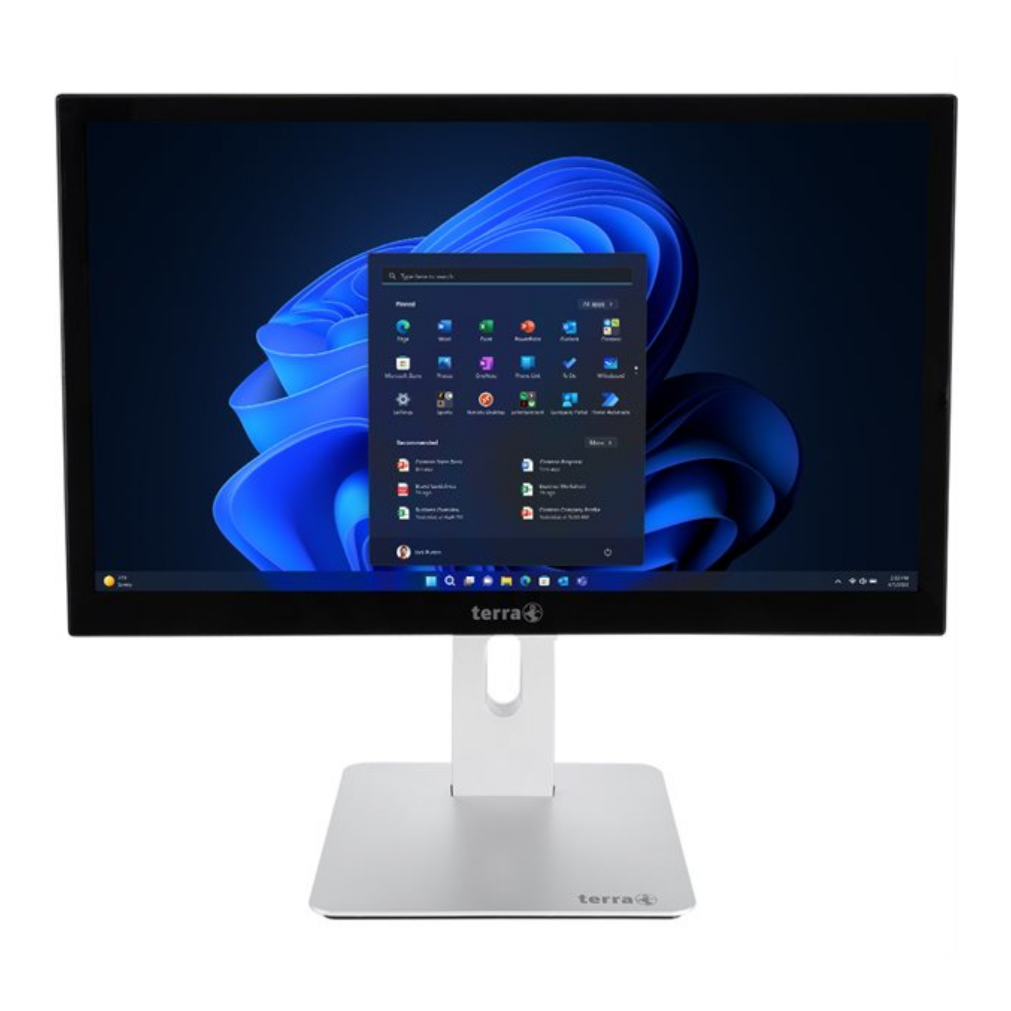 Czarny monitor wyświetla niebieskie tło z otwartym menu Start.