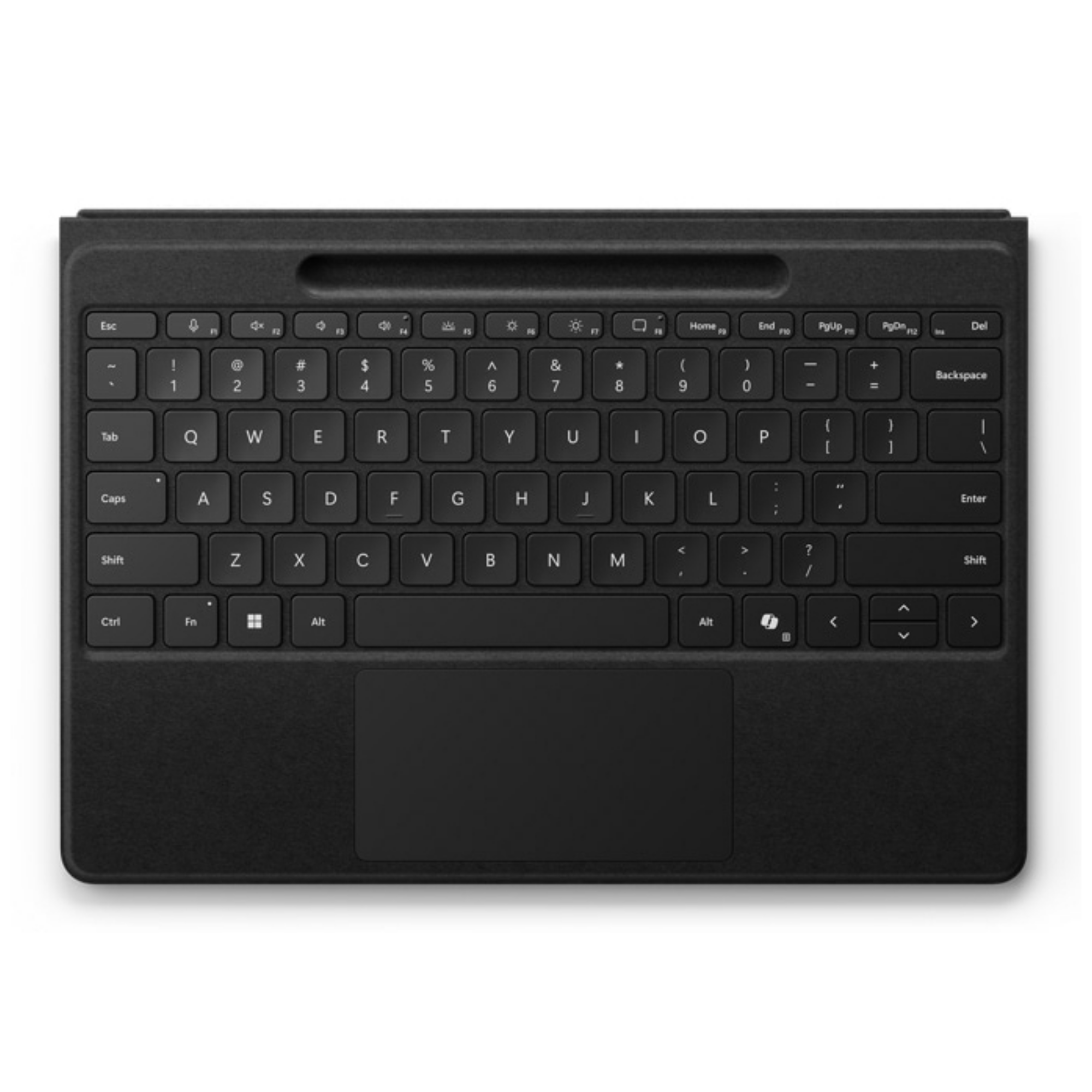 Schwarze Tastatur mit Touchpad, Nahaufnahme der Tasten und des Geräts.