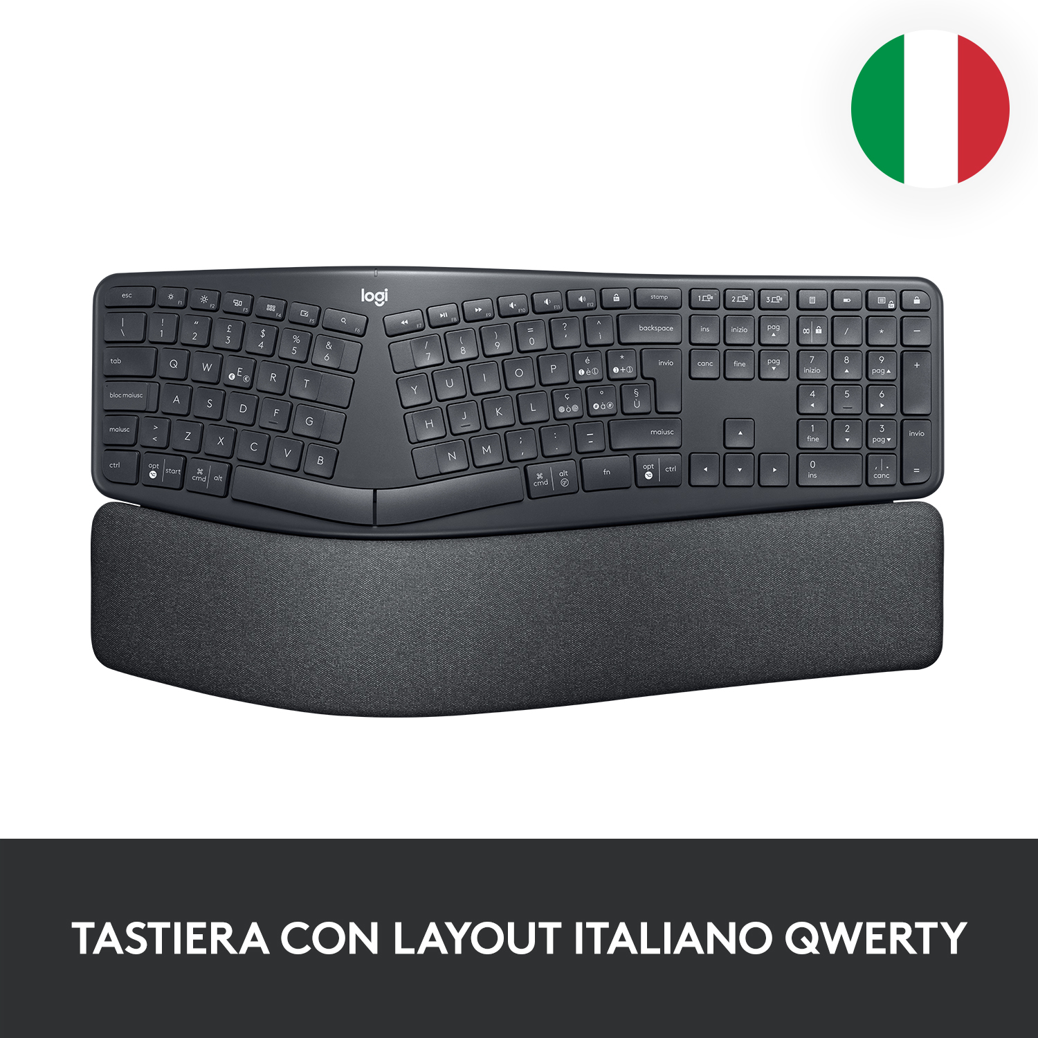 Ergonomiczna klawiatura z włoskim układem QWERTY i podpórką na nadgarstek.