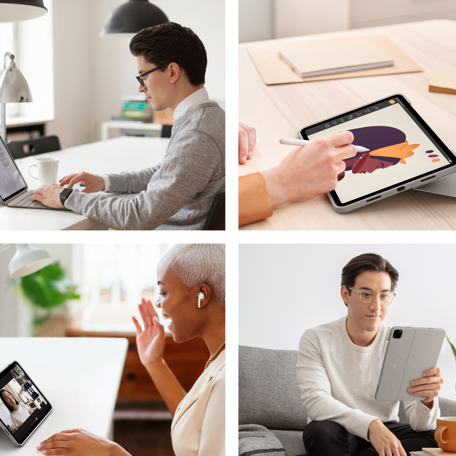 Mężczyzna pisze na laptopie, osoba rysuje na tablecie, kobieta macha na wideorozmowie, mężczyzna trzyma tablet.