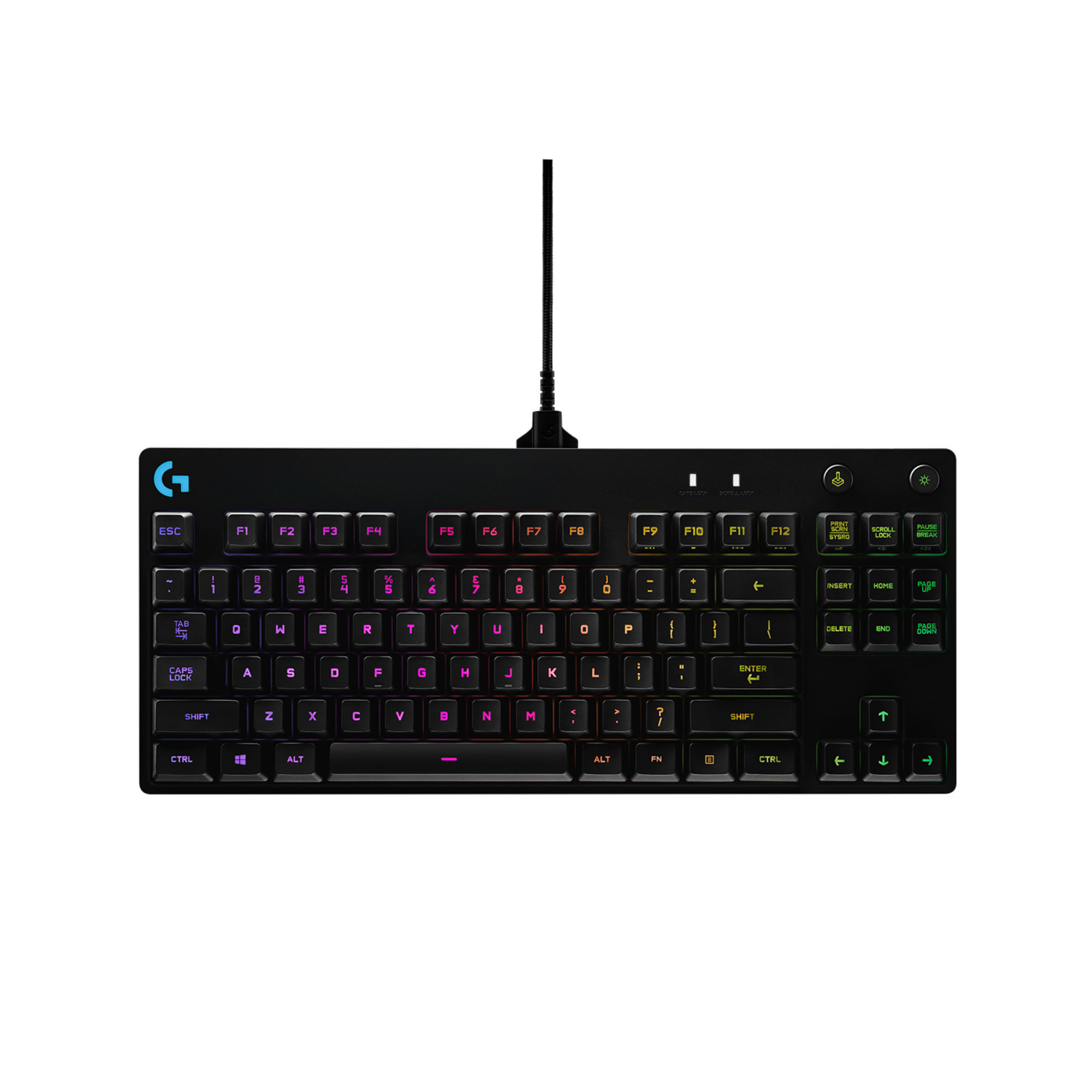 Czarna klawiatura gamingowa Logitech z podświetleniem RGB i kablem.
