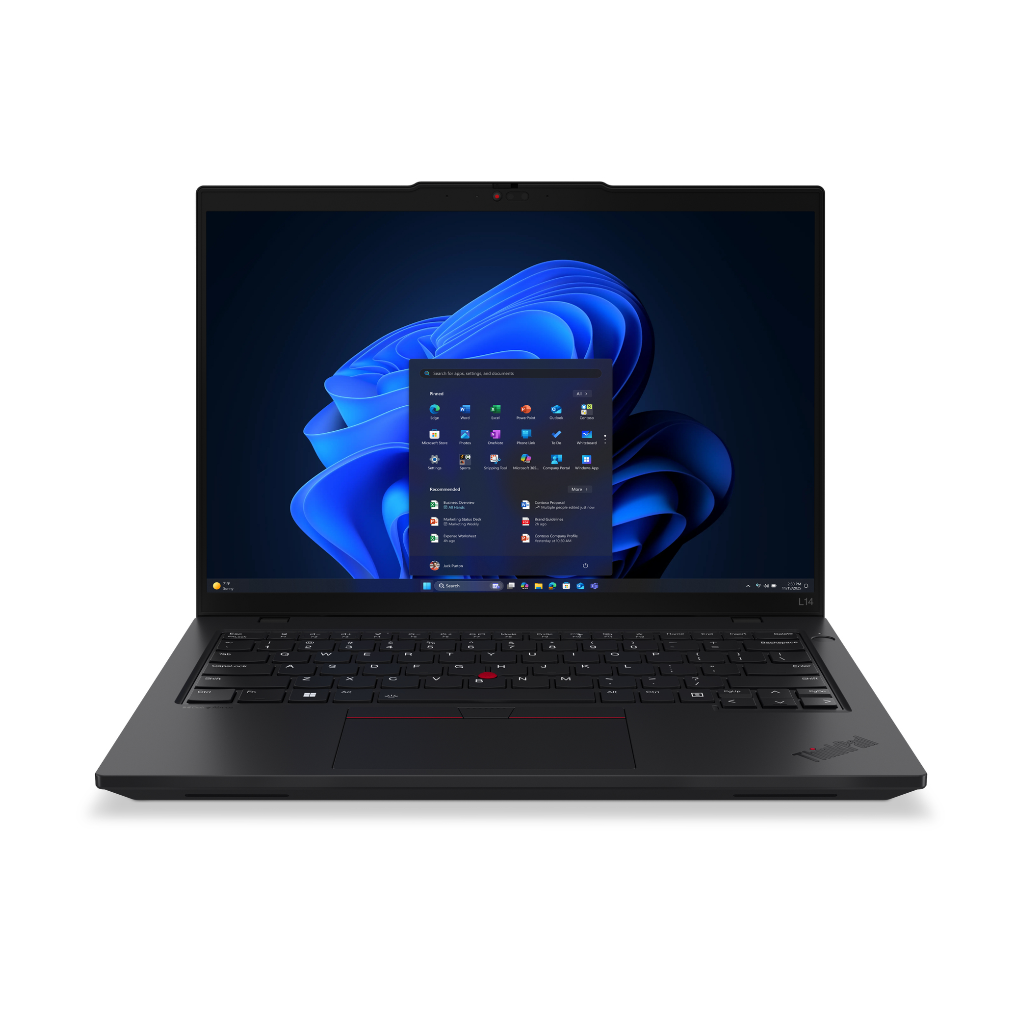 Schwarzer Laptop mit Windows 11 Startmenü, Tastatur und Touchpad.