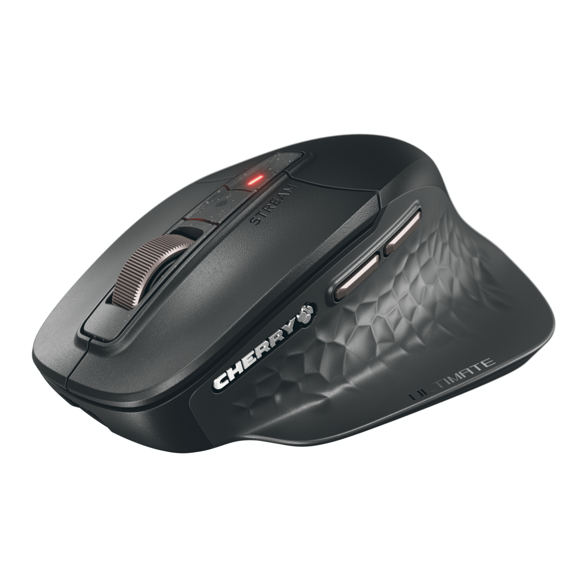 Un mouse ergonomico nero con rotella di scorrimento e pulsanti.