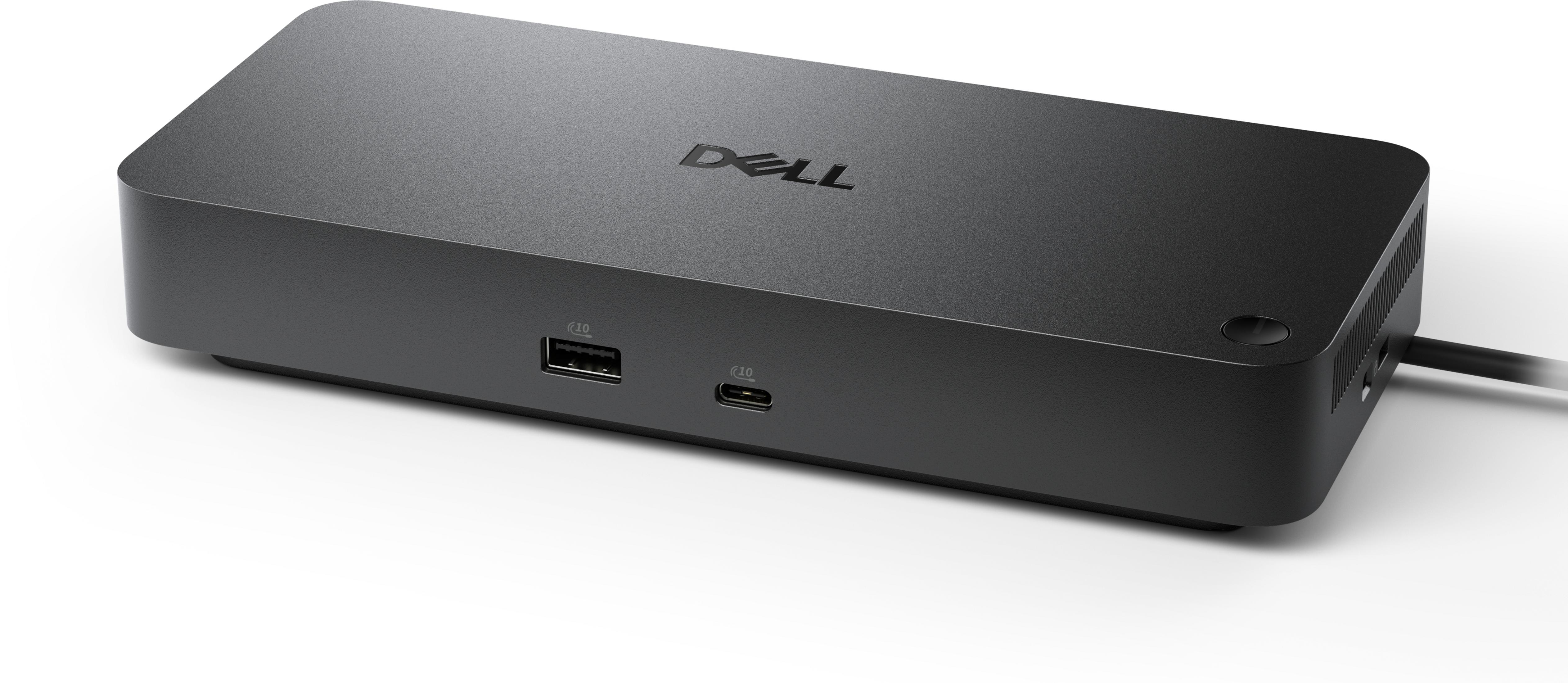 Zwarte Dell docking station met USB-A en USB-C poorten.
