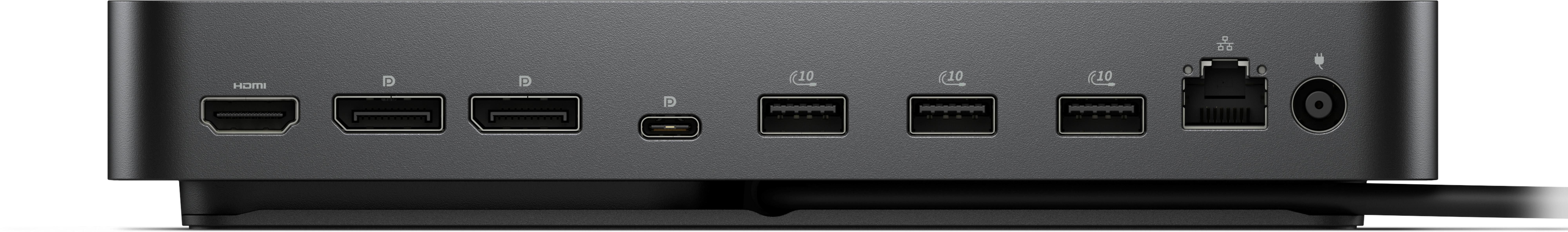Zwarte dockinghub met HDMI, USB, USB-C, Ethernet en stroompoort.