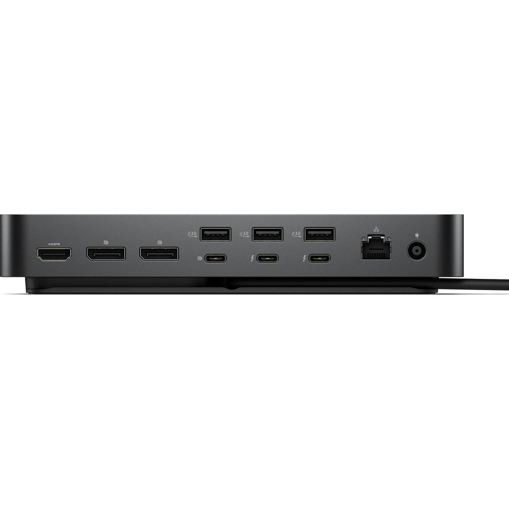 Rückseite eines grauen Docking-Stationsports mit HDMI, USB-C, USB-A und Ethernet.