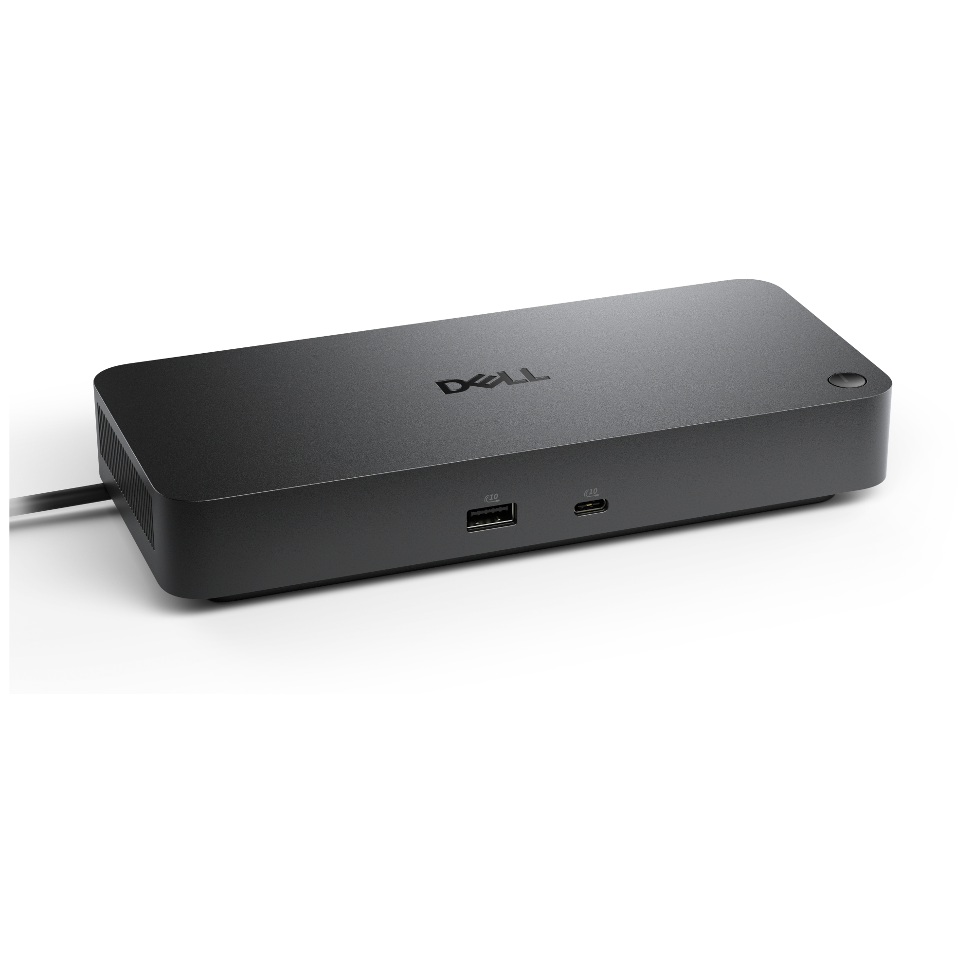 Schwarzer Dell Dockingstation mit USB-A und USB-C Ports, auf weißem Hintergrund.