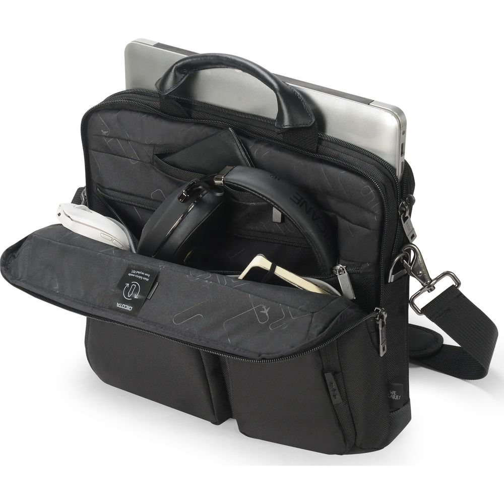 Una borsa nera contenente laptop, cuffie e mouse.